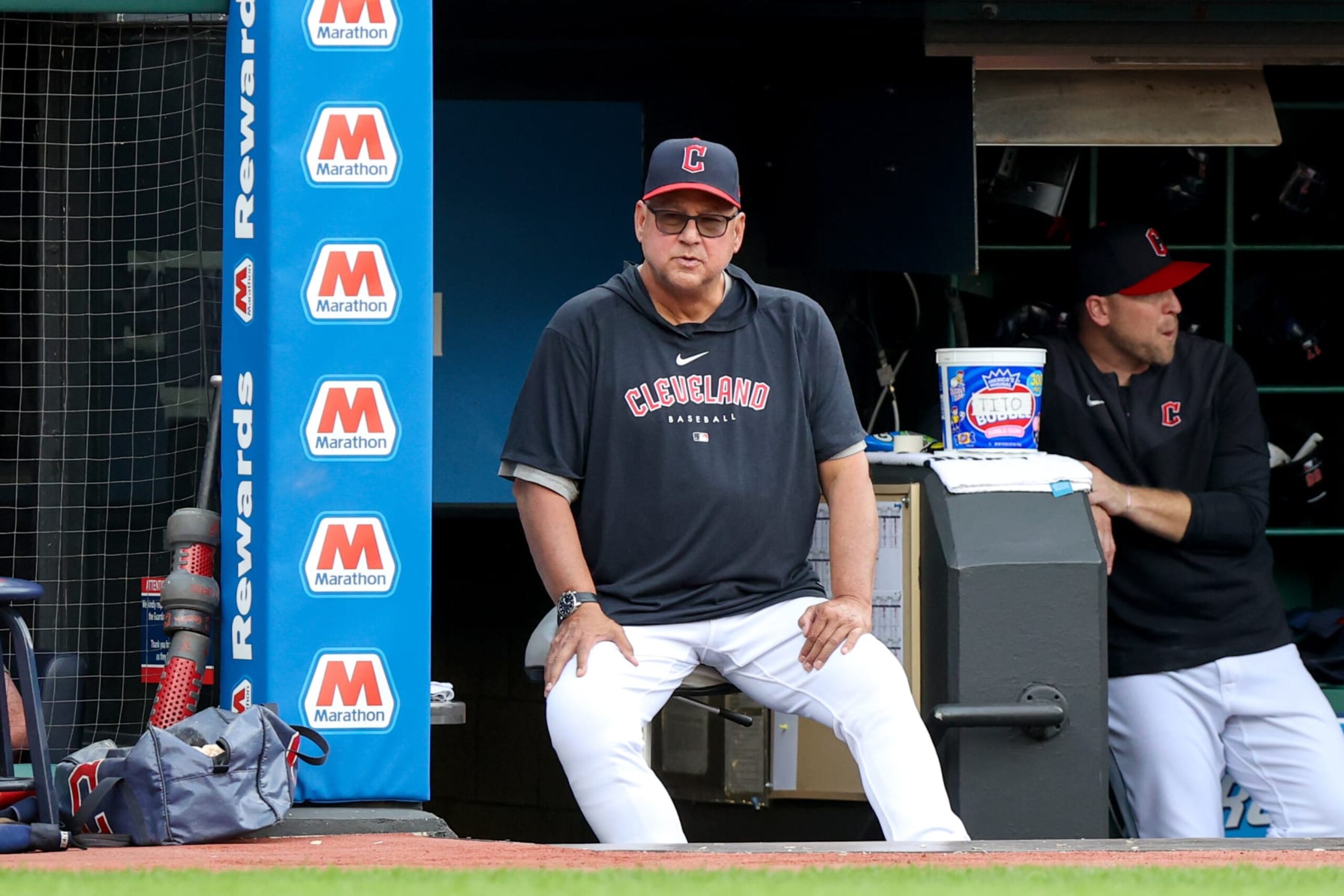 CLEVELAND, OH - SEPTEMBER 02: Cleveland Guardians manager Terry Francona (77) in the dugout during the first inning of the Major League Baseball game between the Tampa Bay Rays and Cleveland Guardians on September 2, 2023, at Progressive Field in Cleveland, OH. Photo by Frank Jansky/Icon Sportswire via Getty Images)