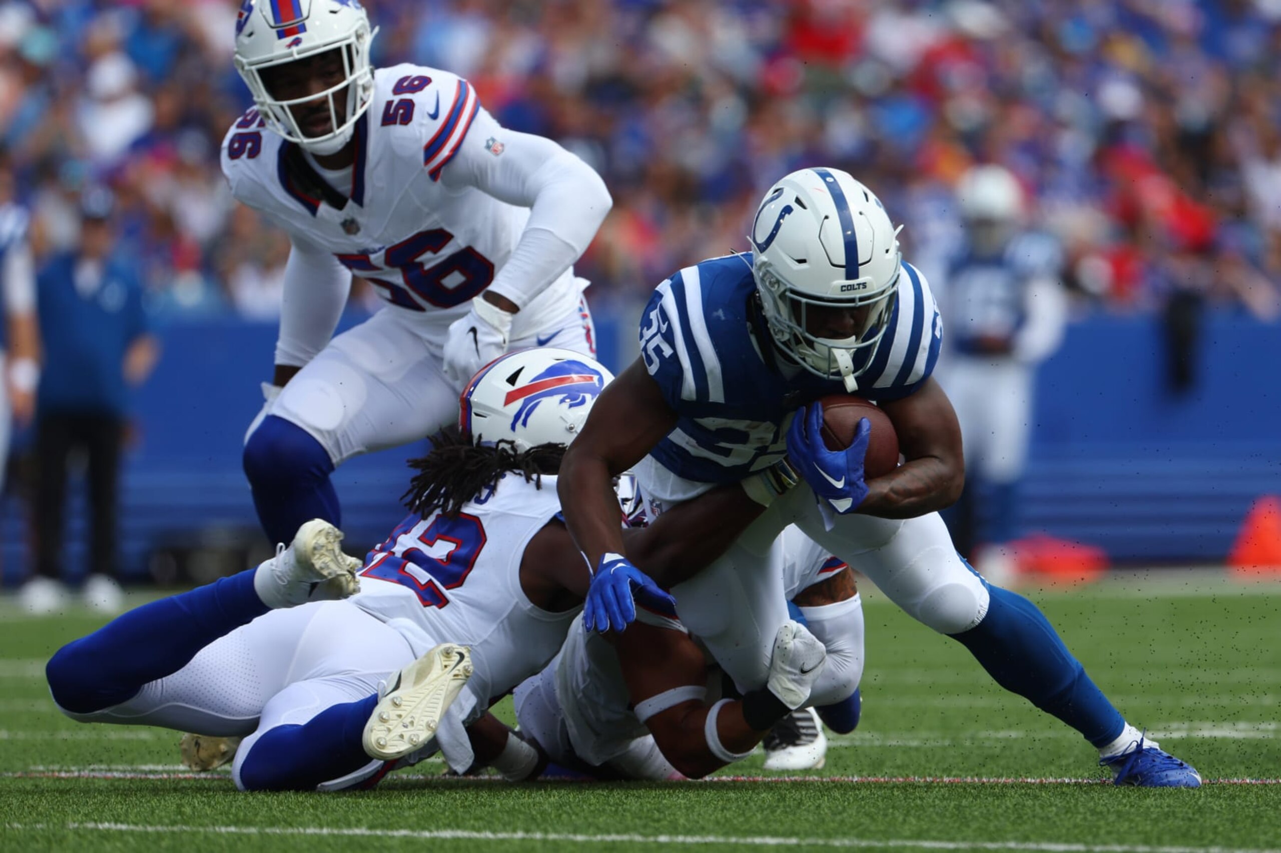 ORCHARD PARK, NEW YORK - AUGUST 12: Deon Jackson #35 of the Indianapolis Colts runs the ball during the first half during a preseason game against the Buffalo Bills during a preason game at Highmark Stadium on August 12, 2023 in Orchard Park, New York. (Photo by Timothy T Ludwig/Getty Images)