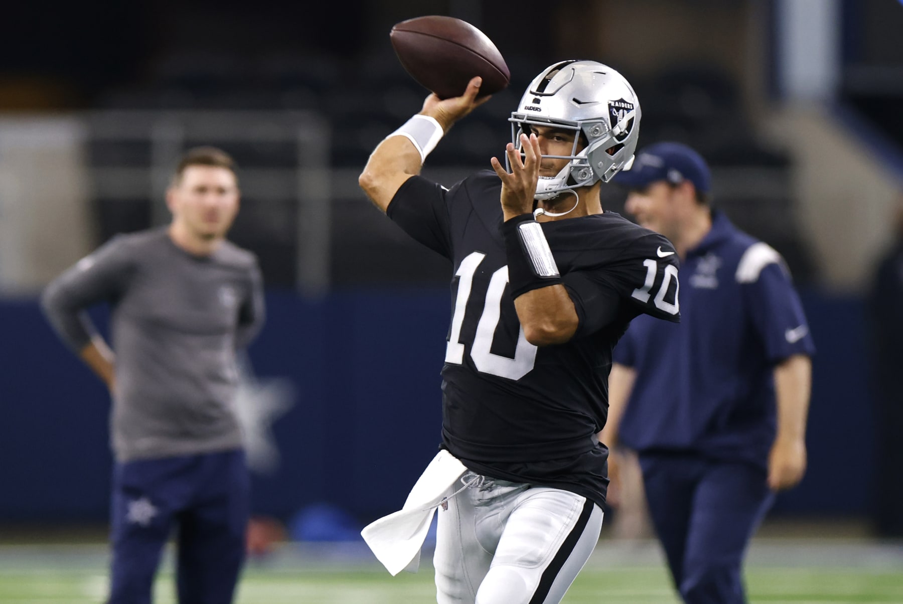 ARLINGTON, TX - AUGUST 26: Jimmy Garoppolo #10 of the Las Vegas Raiders throws before a preseason game against the Dallas Cowboys at AT&T Stadium on August 26, 2023 in Arlington, Texas. (Photo by Ron Jenkins/Getty Images)