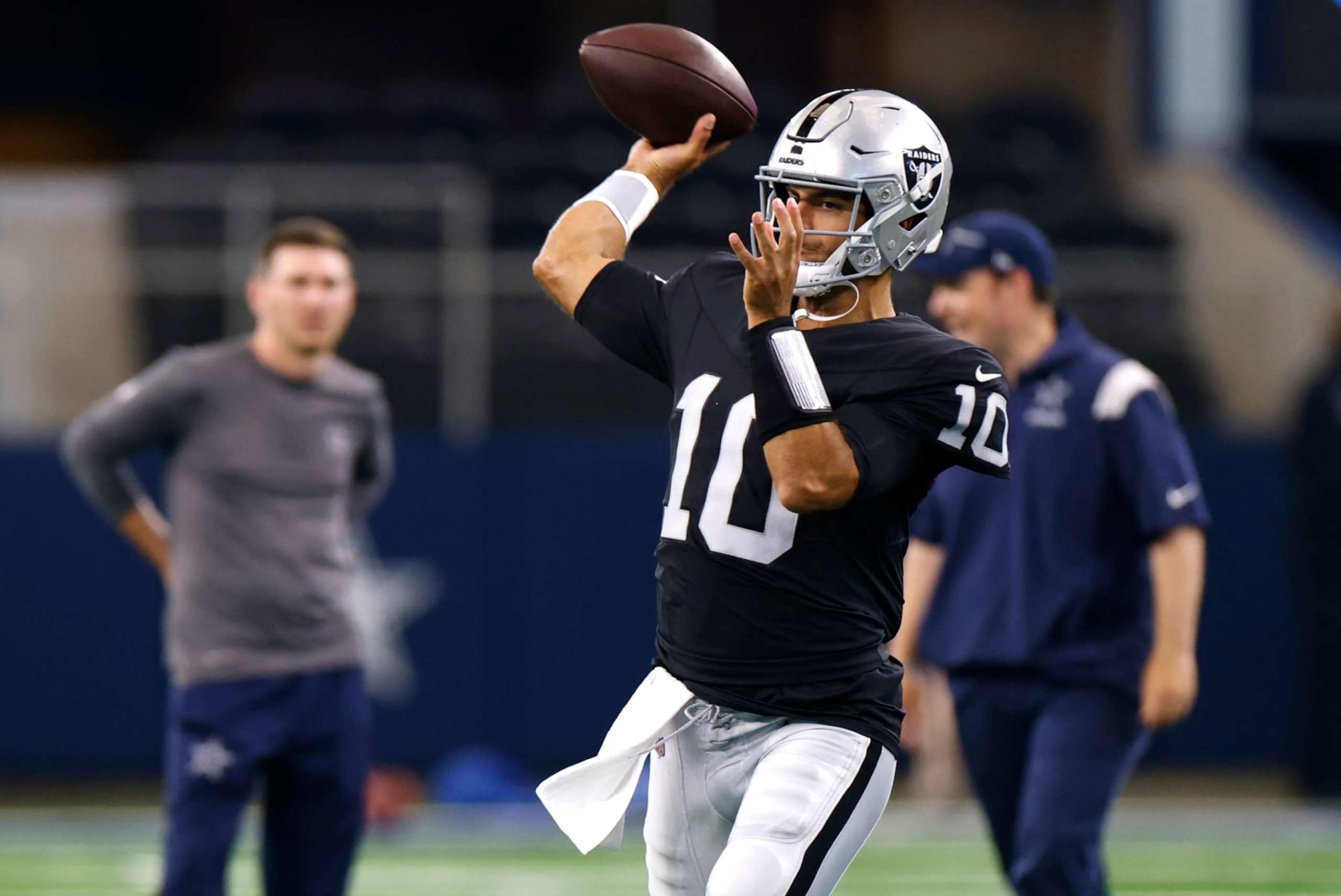 ARLINGTON, TX - AUGUST 26: Jimmy Garoppolo #10 of the Las Vegas Raiders throws before a preseason game against the Dallas Cowboys at AT&T Stadium on August 26, 2023 in Arlington, Texas. (Photo by Ron Jenkins/Getty Images)