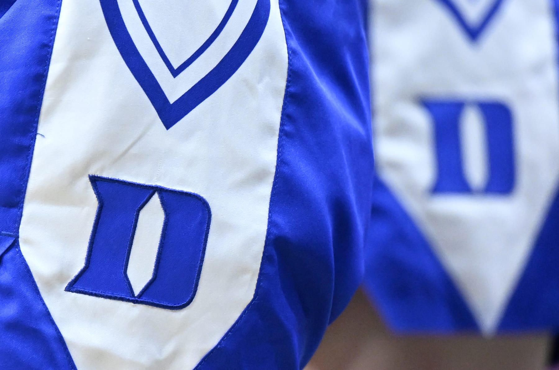 CHARLOTTESVILLE, VIRGINIA - FEBRUARY 19: A view of the Duke Blue Devils logo on their uniform during the game against the Virginia Cavaliers at John Paul Jones Arena on February 19, 2023 in Charlottesville, Virginia. (Photo by G Fiume/Getty Images)