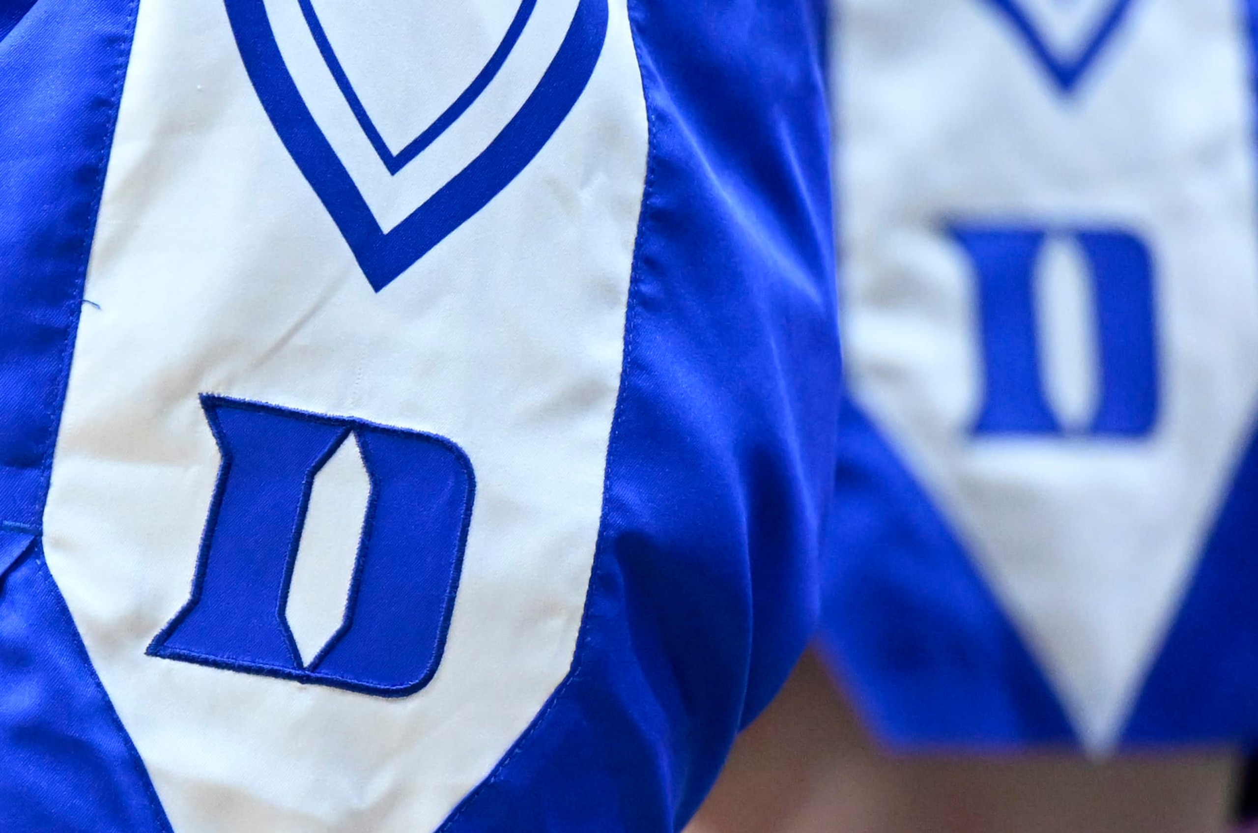 CHARLOTTESVILLE, VIRGINIA - FEBRUARY 19: A view of the Duke Blue Devils logo on their uniform during the game against the Virginia Cavaliers at John Paul Jones Arena on February 19, 2023 in Charlottesville, Virginia. (Photo by G Fiume/Getty Images)
