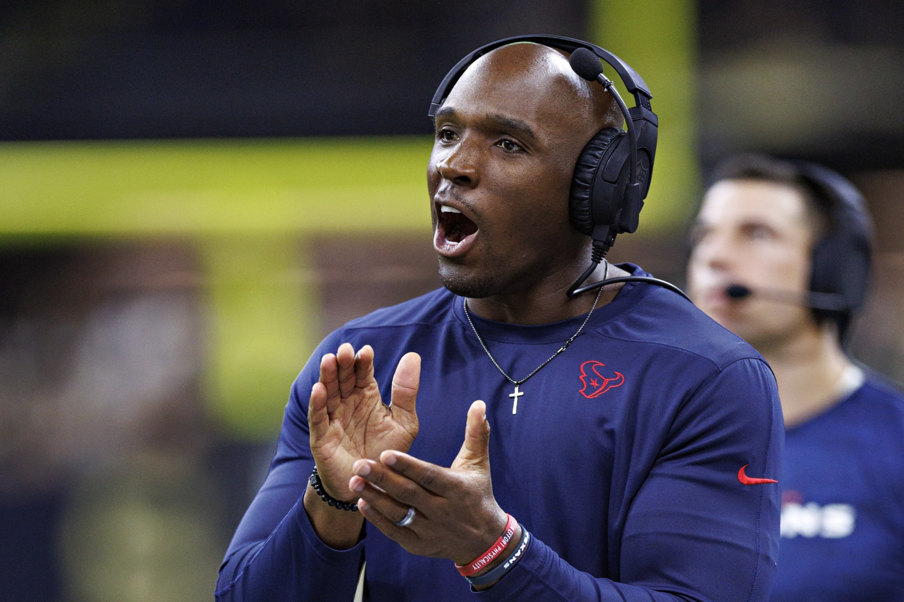 NEW ORLEANS, LOUISIANA - AUGUST 27: Head Coach DeMeco Ryans of the Houston Texans on the sidelines during the preseason game against the New Orleans Saints at Caesars Superdome on August 27, 2023 in New Orleans, Louisiana. The Texans defeated the Saints 17-13.  (Photo by Wesley Hitt/Getty Images)