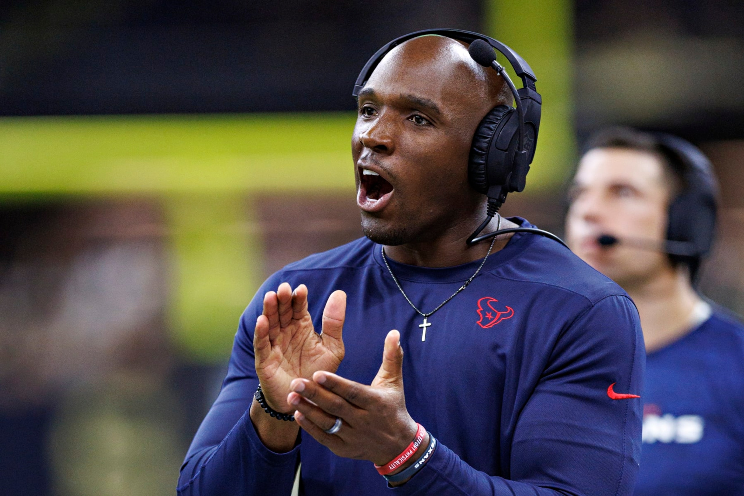 NEW ORLEANS, LOUISIANA - AUGUST 27: Head Coach DeMeco Ryans of the Houston Texans on the sidelines during the preseason game against the New Orleans Saints at Caesars Superdome on August 27, 2023 in New Orleans, Louisiana. The Texans defeated the Saints 17-13.  (Photo by Wesley Hitt/Getty Images)