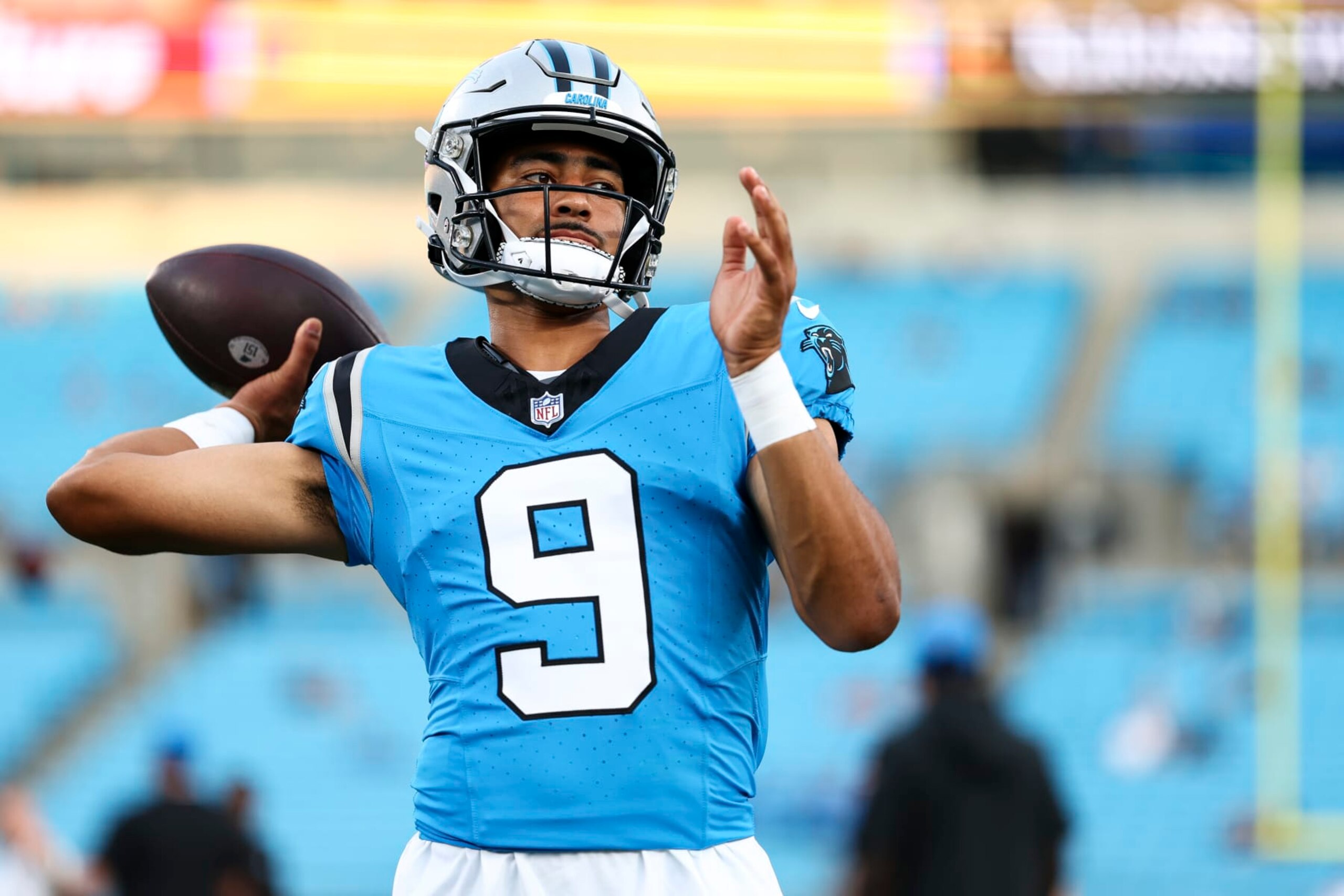 CHARLOTTE, NC - AUGUST 25: Bryce Young #9 of the Carolina Panthers warms up prior to an NFL preseason football game against the Detroit Lions at Bank of America Stadium on August 25, 2023 in Charlotte, North Carolina. (Photo by Kevin Sabitus/Getty Images)
