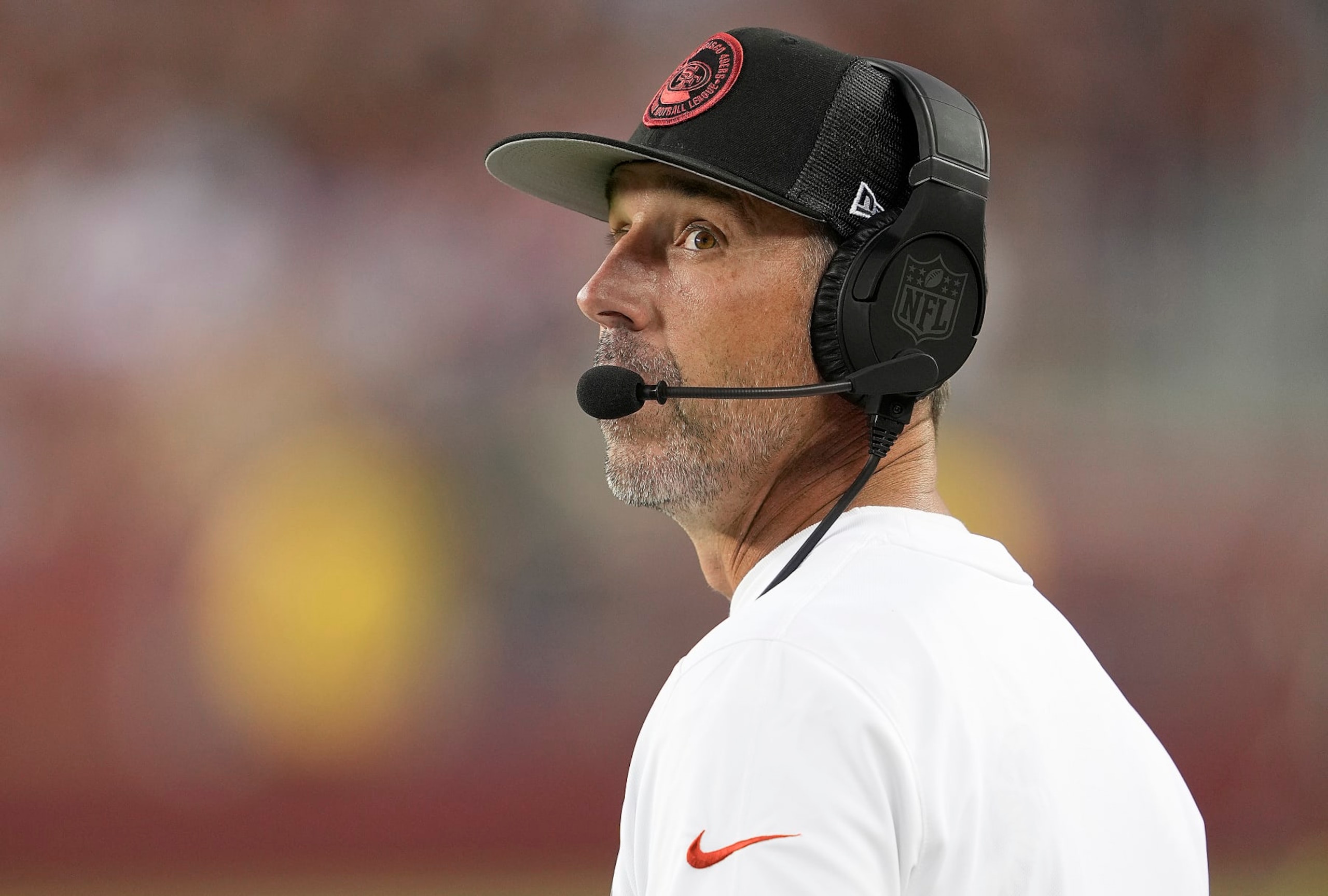 SANTA CLARA, CALIFORNIA - AUGUST 25: Head coach Kyle Shanahan of the San Francisco 49ers looks on from the sidelines against the Los Angeles Chargers during the second quarter of a preseason game at Levi's Stadium on August 25, 2023 in Santa Clara, California. (Photo by Thearon W. Henderson/Getty Images)