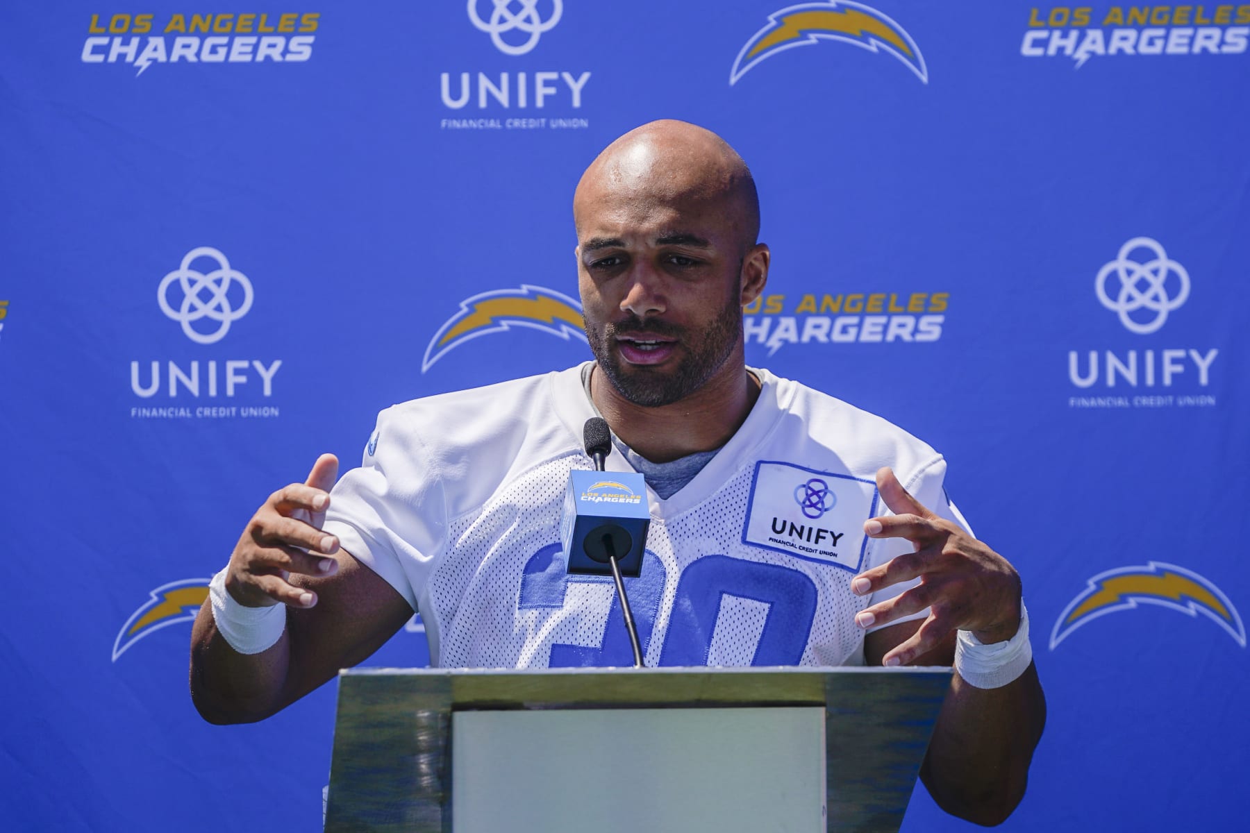 Los Angeles Chargers running back Austin Ekeler speaks in a press conference during the NFL football team's training camp, Thursday, July 27, 2023, in Costa Mesa, Calif. (AP Photo/Ryan Sun)