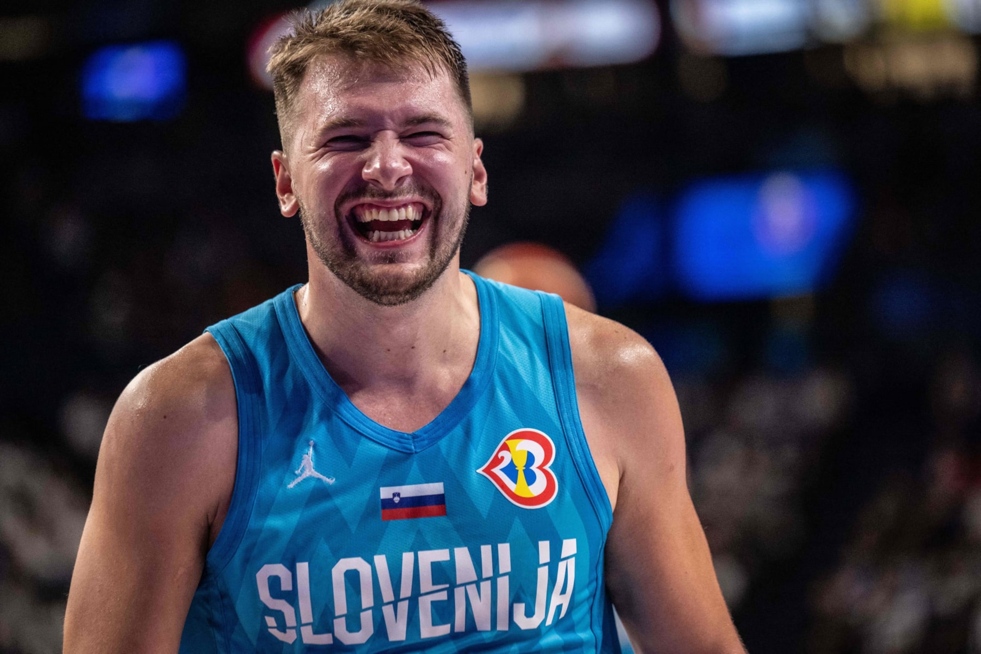 Slovenia's Luka Doncic reacts during the FIBA Basketball World Cup group F match between Georgia and Slovenia at Okinawa Arena in Okinawa on August 28, 2023. (Photo by Yuichi YAMAZAKI / AFP) (Photo by YUICHI YAMAZAKI/AFP via Getty Images)