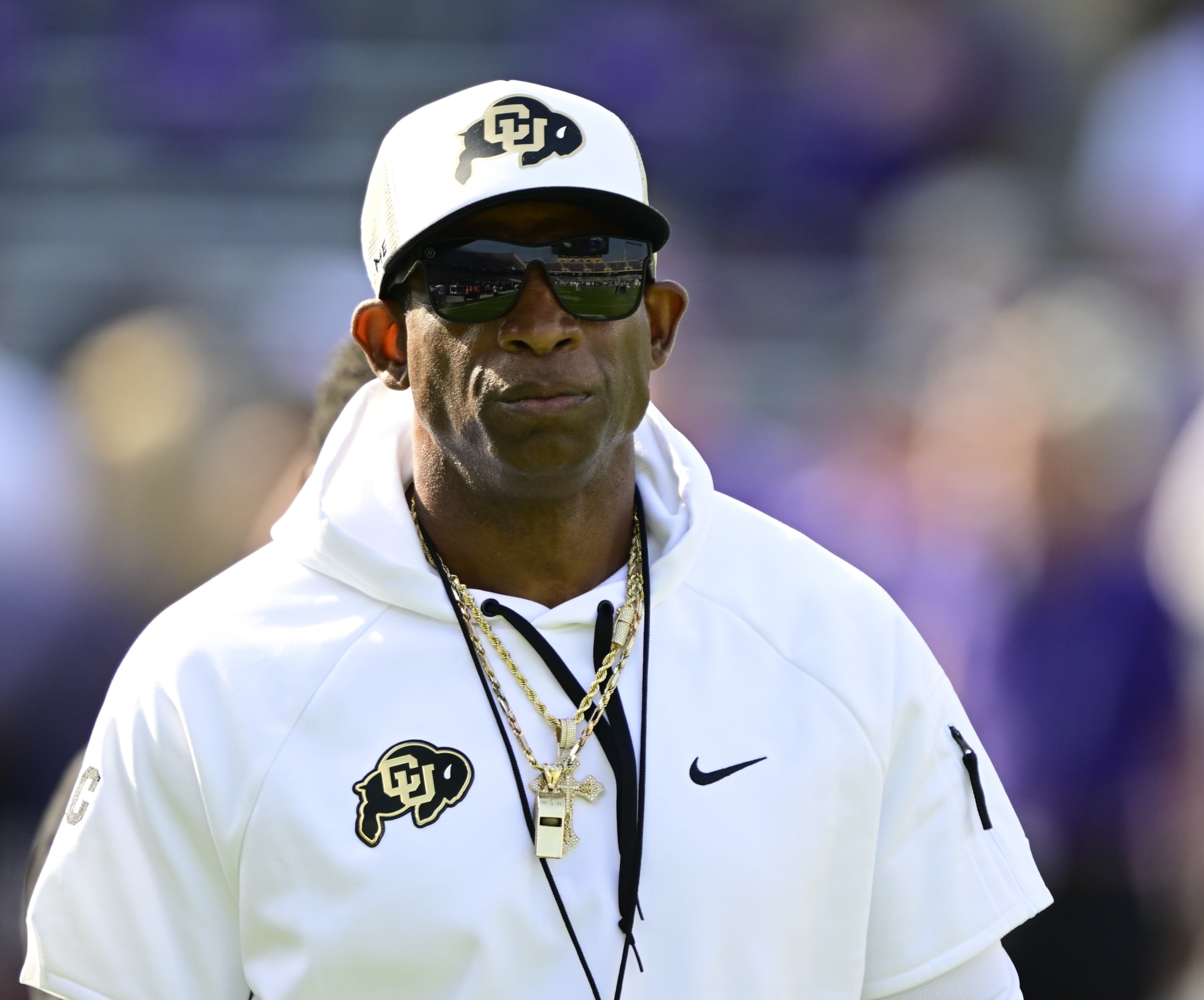 FT. WORTH, TX - SEPTEMBER 02: Colorado Buffaloes head football coach, Deion Sanders at Amon G. Carter Stadium before playing the TCU Horned Frogs in Ft. Worth September 02, 2023. (Photo by Andy Cross/MediaNews Group/The Denver Post via Getty Images)
