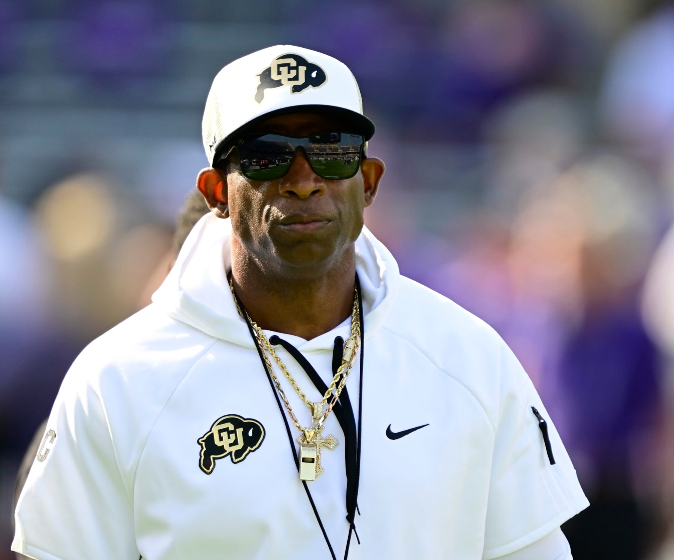 FT. WORTH, TX - SEPTEMBER 02: Colorado Buffaloes head football coach, Deion Sanders at Amon G. Carter Stadium before playing the TCU Horned Frogs in Ft. Worth September 02, 2023. (Photo by Andy Cross/MediaNews Group/The Denver Post via Getty Images)