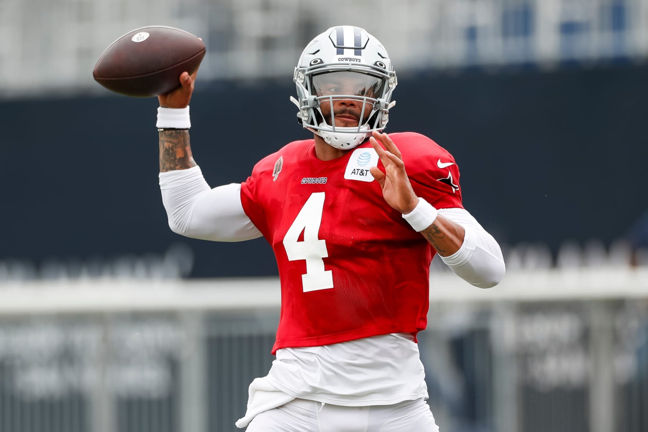 OXNARD, CA - AUGUST 15: Dallas Cowboys quarterback Dak Prescott (4) throws a pass during the team's training camp at Marriott Residence Inn at River Ridge on August 15, 2023, in Oxnard, CA. (Photo by Brandon Sloter/Icon Sportswire via Getty Images)