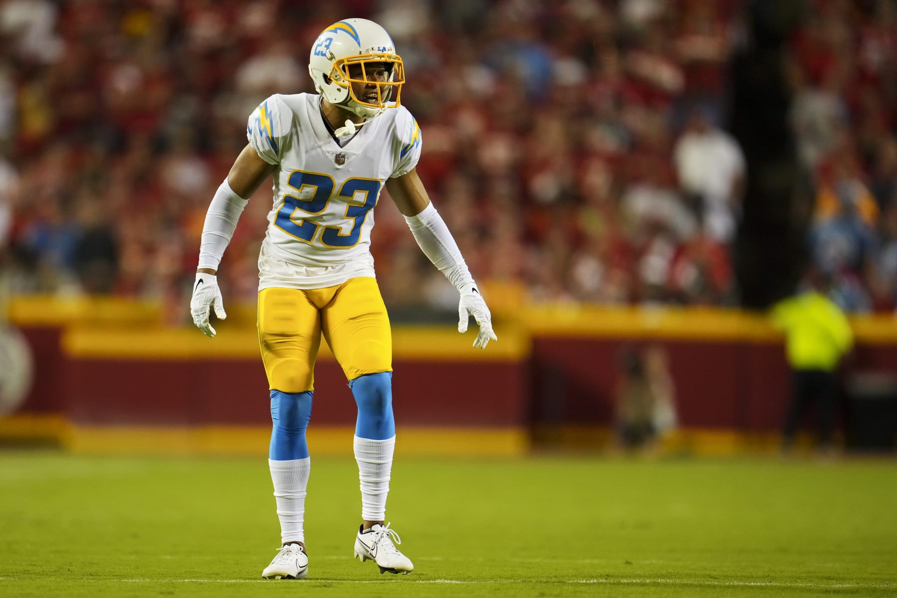 KANSAS CITY, MO - SEPTEMBER 15: Bryce Callahan #23 of the Los Angeles Chargers signals to teammates against the Kansas City Chiefs at GEHA Field at Arrowhead Stadium on September 15, 2022 in Kansas City, Missouri. (Photo by Cooper Neill/Getty Images)