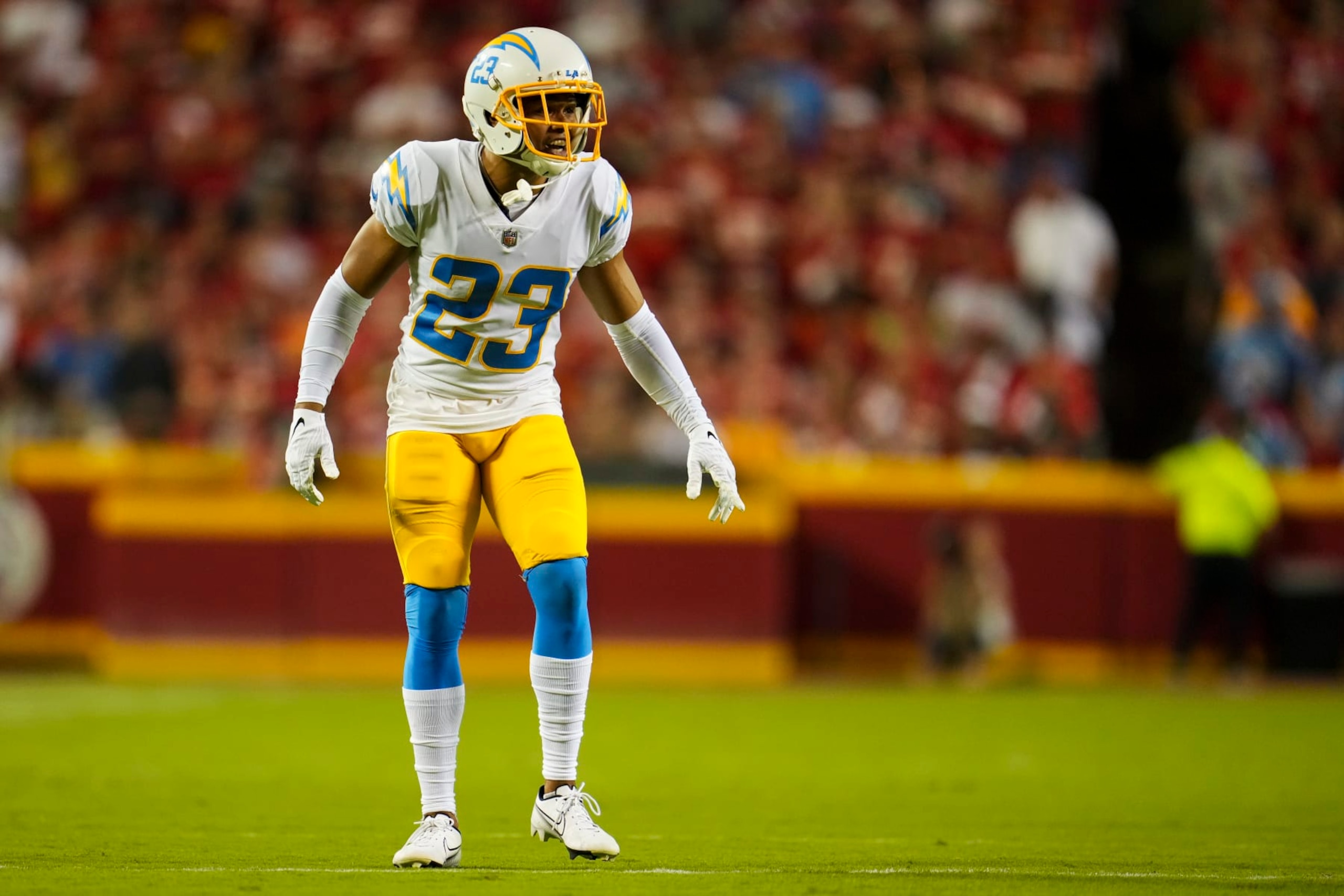 KANSAS CITY, MO - SEPTEMBER 15: Bryce Callahan #23 of the Los Angeles Chargers signals to teammates against the Kansas City Chiefs at GEHA Field at Arrowhead Stadium on September 15, 2022 in Kansas City, Missouri. (Photo by Cooper Neill/Getty Images)