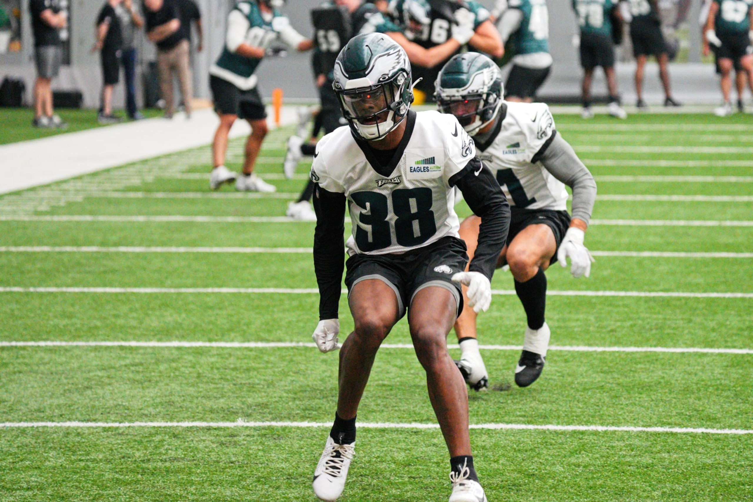 PHILADELPHIA, PA - JUNE 08: Philadelphia Eagles cornerback Greedy Williams (38) participates in the Philadelphia Eagles OTA on June 8, 2023 at the NovaCare Complex in Philadelphia, PA. (Photo by Andy Lewis/Icon Sportswire via Getty Images)