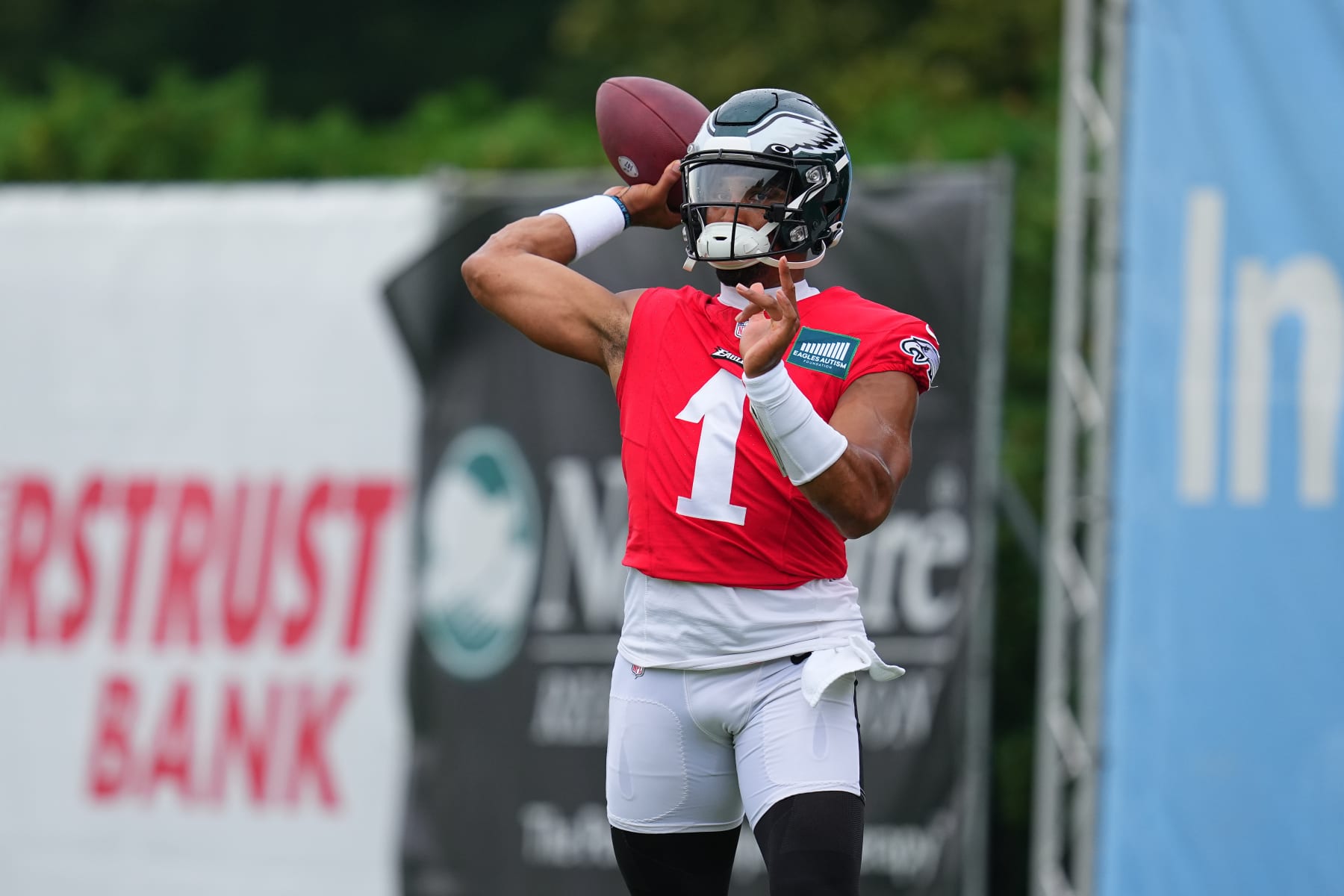 PHILADELPHIA, PENNSYLVANIA - AUGUST 10: Jalen Hurts #1 of the Philadelphia Eagles passes the ball during Training Camp at the NovaCare Complex on August 10, 2023 in Philadelphia, Pennsylvania. (Photo by Mitchell Leff/Getty Images)