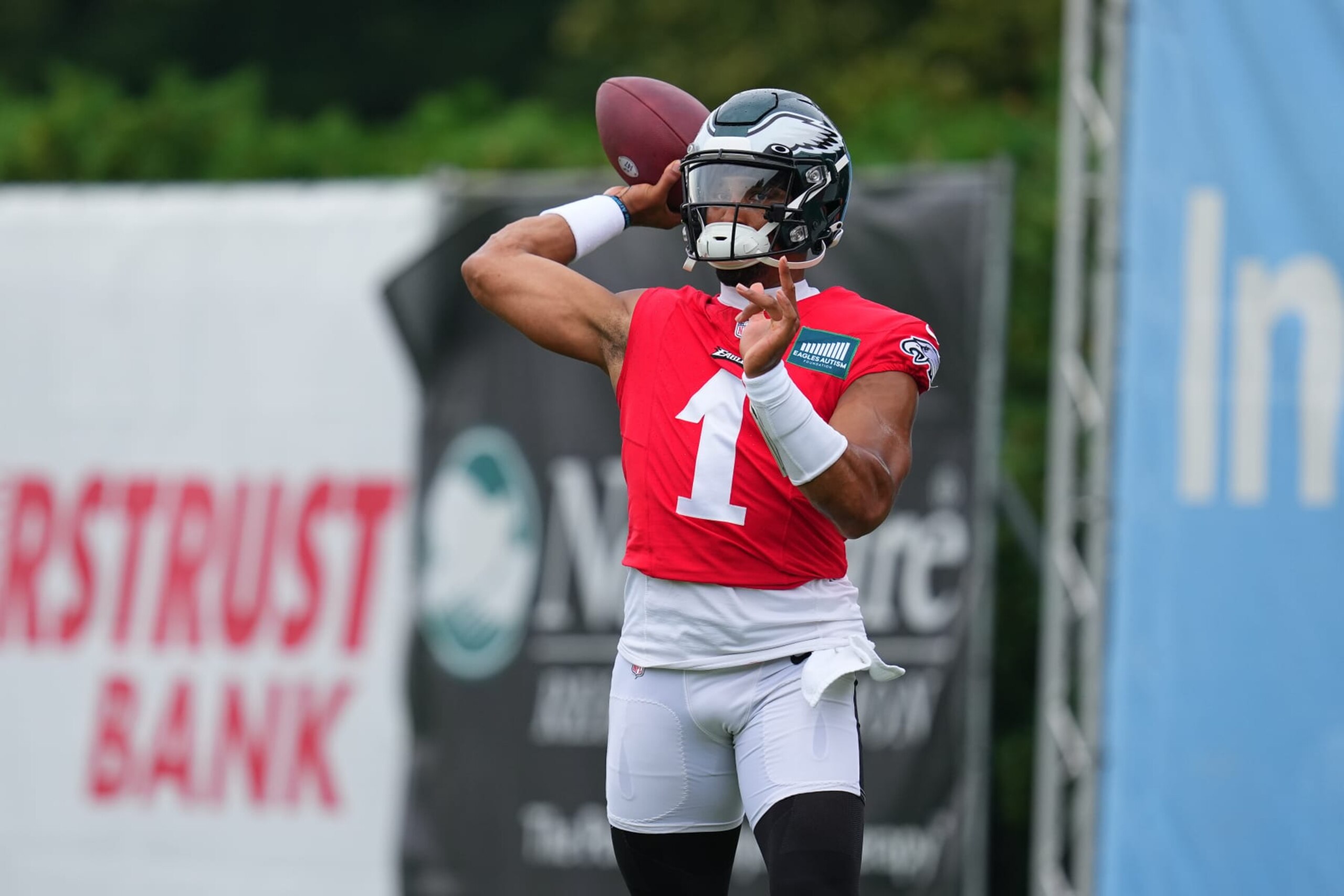 PHILADELPHIA, PENNSYLVANIA - AUGUST 10: Jalen Hurts #1 of the Philadelphia Eagles passes the ball during Training Camp at the NovaCare Complex on August 10, 2023 in Philadelphia, Pennsylvania. (Photo by Mitchell Leff/Getty Images)