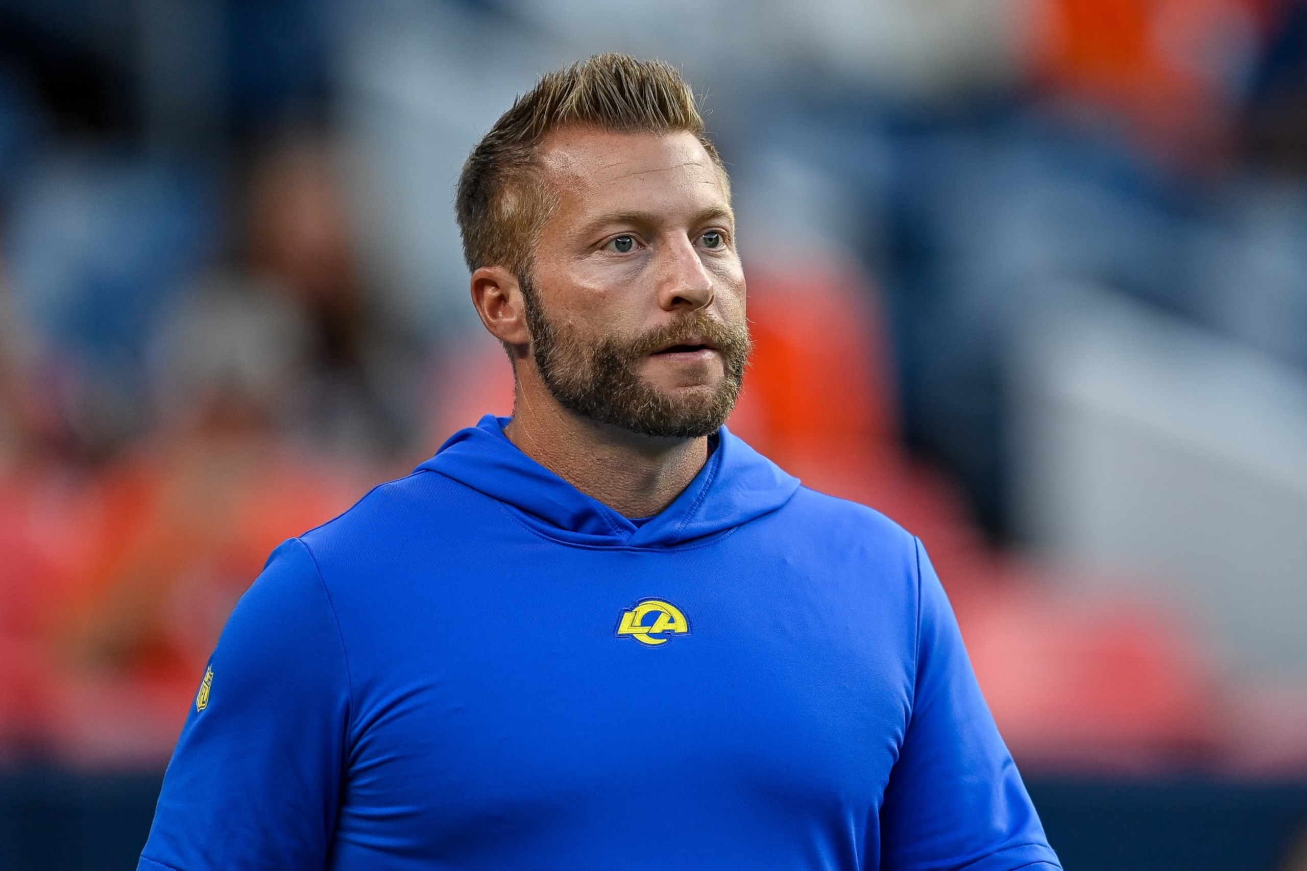 DENVER, COLORADO - AUGUST 26: Head coach Sean McVay of the Los Angeles Rams walks onto the field before a preseason game against the Denver Broncos at Empower Field at Mile High on August 26, 2023 in Denver, Colorado. (Photo by Dustin Bradford/Getty Images) DENVER, COLORADO - AUGUST 26: Head coach Sean McVay of the Los Angeles Rams walks onto the field before a preseason game against the Denver Broncos at Empower Field at Mile High on August 26, 2023 in Denver, Colorado. (Photo by Dustin Bradford/Getty Images)