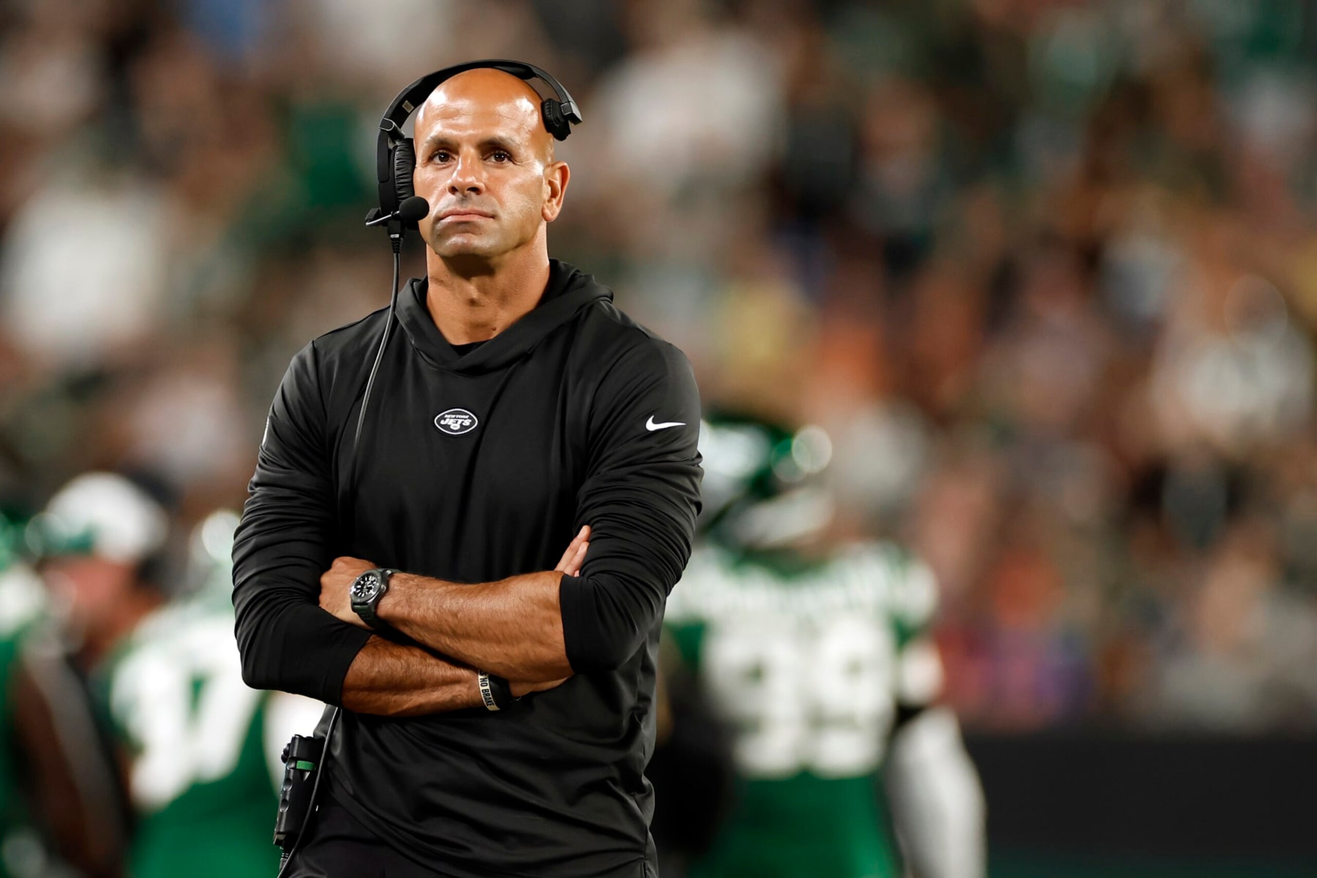 EAST RUTHERFORD, NEW JERSEY - AUGUST 19: Head coach Robert Saleh of the New York Jets looks on during the first half of a preseason game against the Tampa Bay Buccaneers at MetLife Stadium on August 19, 2023 in East Rutherford, New Jersey. (Photo by Sarah Stier/Getty Images)