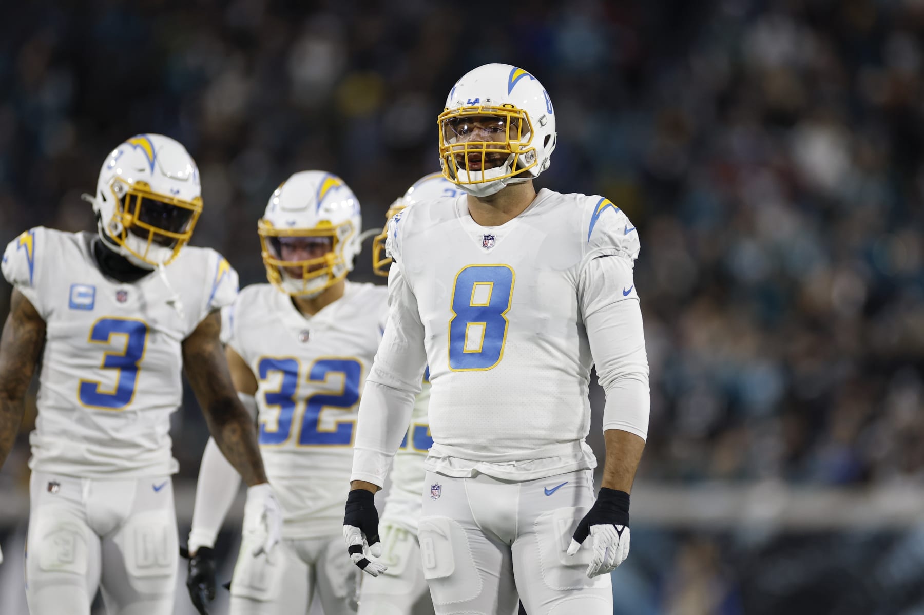JACKSONVILLE, FL - JANUARY 14: Los Angeles Chargers linebacker Kyle Van Noy (8) looks on during the game between the Los Angeles Chargers and the Jacksonville Jaguars on January 14, 2023 at TIAA Bank Field in Jacksonville, Fl. (Photo by David Rosenblum/Icon Sportswire via Getty Images)