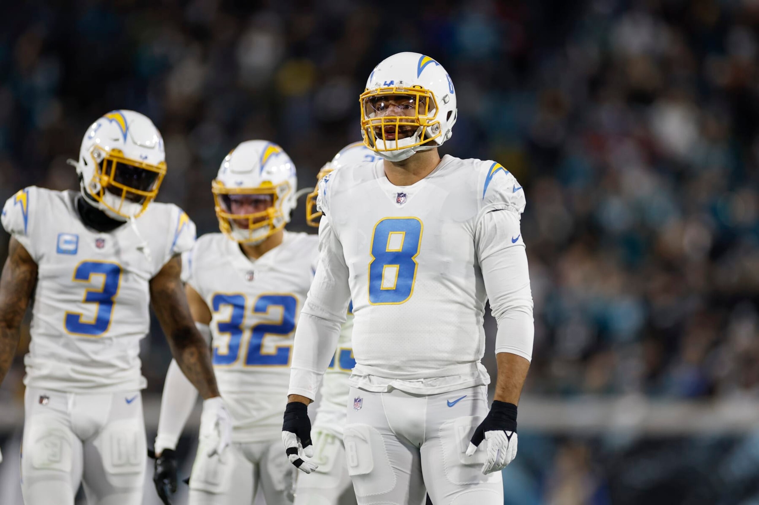JACKSONVILLE, FL - JANUARY 14: Los Angeles Chargers linebacker Kyle Van Noy (8) looks on during the game between the Los Angeles Chargers and the Jacksonville Jaguars on January 14, 2023 at TIAA Bank Field in Jacksonville, Fl. (Photo by David Rosenblum/Icon Sportswire via Getty Images)