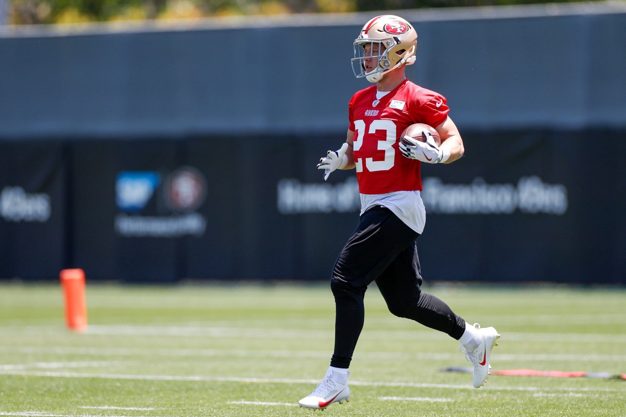SANTA CLARA, CA - MAY 31: San Francisco 49ers running back Christian McCaffrey (23) takes part in a drill during the team's OTA practice on May 31, 2023, at the SAP Performance Facility in Santa Clara, CA. (Photo by Brandon Sloter/Icon Sportswire via Getty Images) SANTA CLARA, CA - MAY 31: San Francisco 49ers running back Christian McCaffrey (23) takes part in a drill during the team's OTA practice on May 31, 2023, at the SAP Performance Facility in Santa Clara, CA. (Photo by Brandon Sloter/Icon Sportswire via Getty Images)