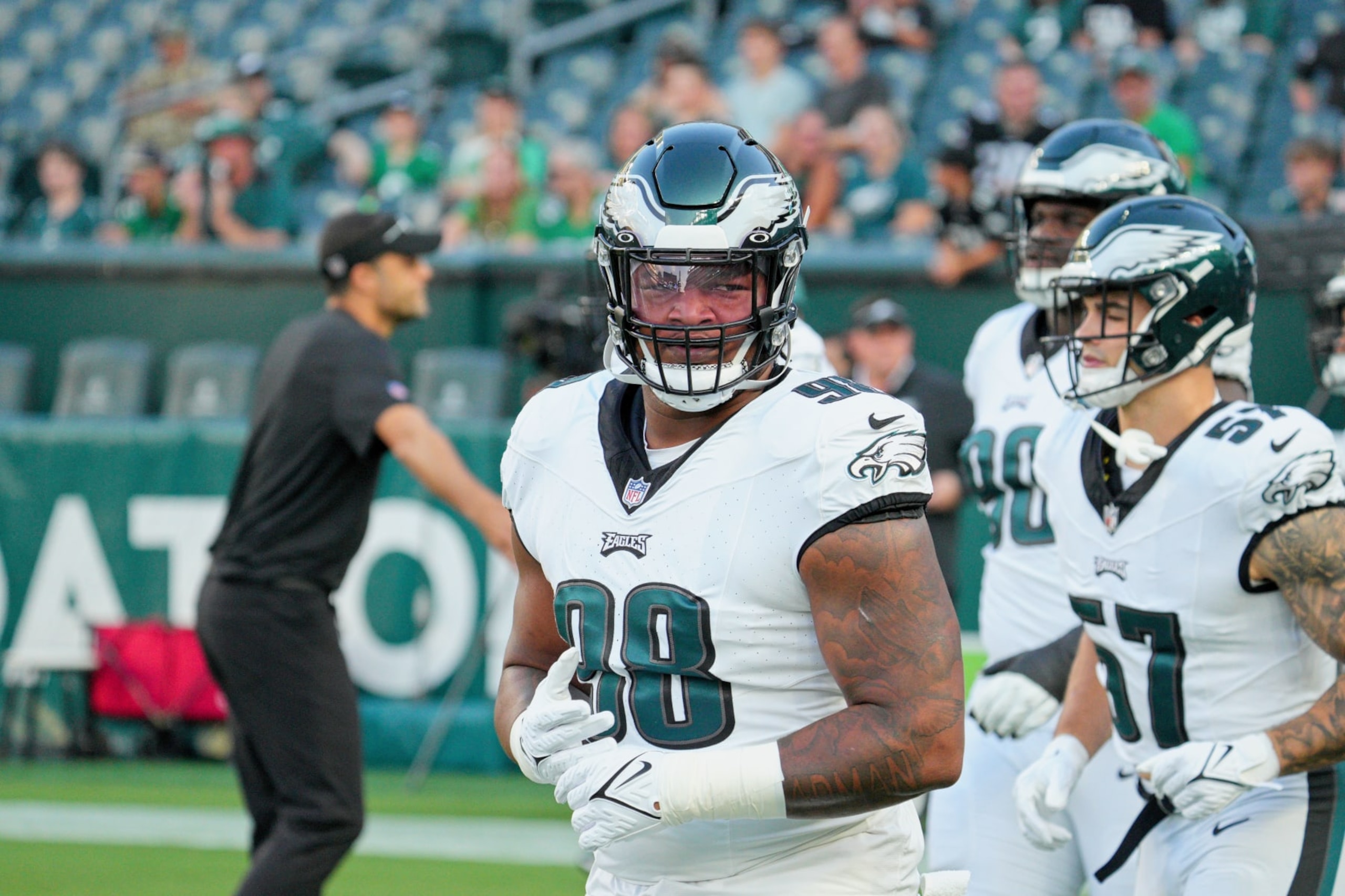 PHILADELPHIA, PA - AUGUST 17: Philadelphia Eagles defensive tackle Jalen Carter (98) looks on during the preseason game between the Cleveland Browns and the Philadelphia Eagles on August 17, 2023, at Lincoln Financial Field in Philadelphia, PA. (Photo by Andy Lewis/Icon Sportswire via Getty Images)