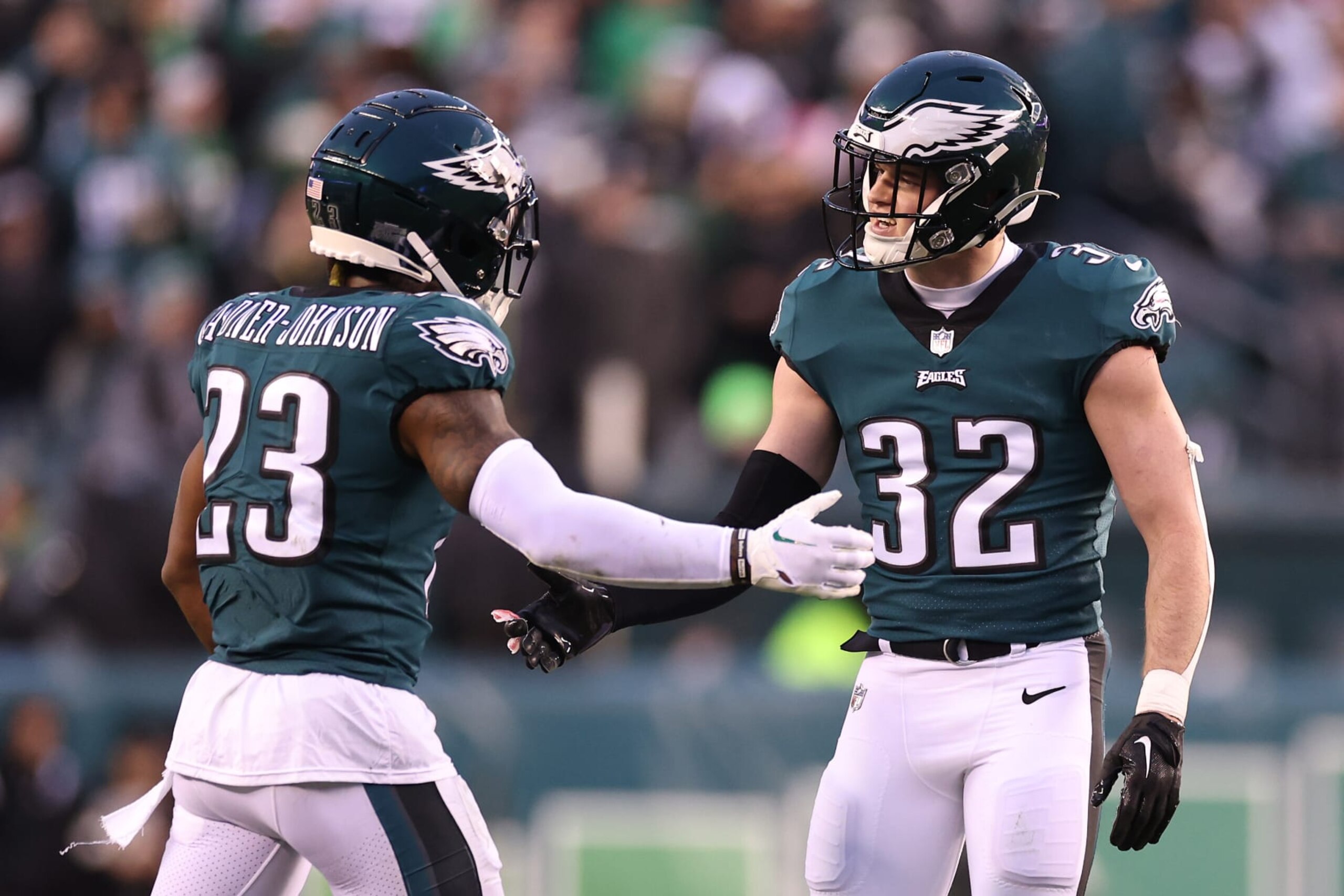 PHILADELPHIA, PENNSYLVANIA - JANUARY 29: C.J. Gardner-Johnson #23 and Reed Blankenship #32 of the Philadelphia Eagles celebrate a play against the San Francisco 49ers during the third quarter in the NFC Championship Game at Lincoln Financial Field on January 29, 2023 in Philadelphia, Pennsylvania. (Photo by Tim Nwachukwu/Getty Images)