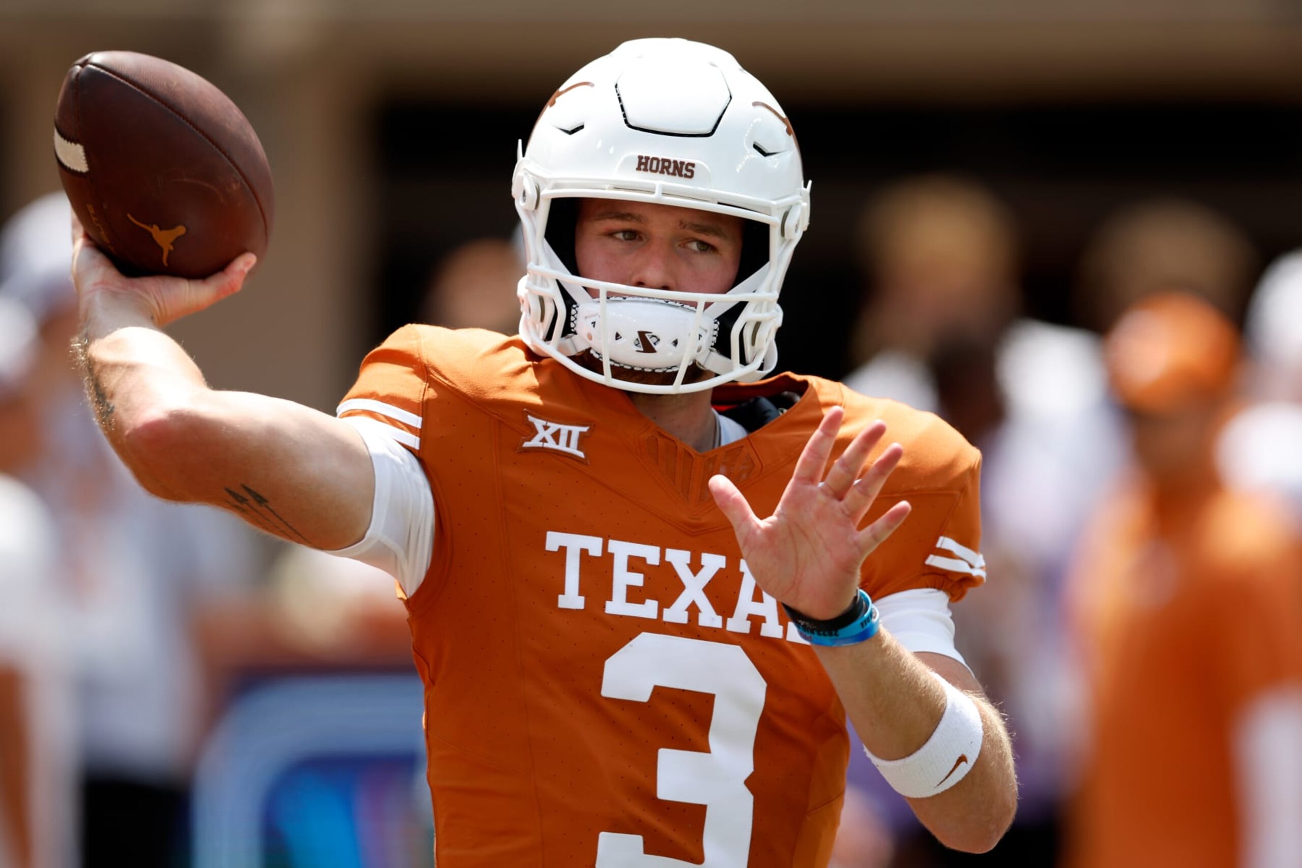 AUSTIN, TEXAS - SEPTEMBER 02: Quinn Ewers #3 of the Texas Longhorns warms up before the game against the Rice Owls at Darrell K Royal-Texas Memorial Stadium on September 02, 2023 in Austin, Texas. (Photo by Tim Warner/Getty Images)