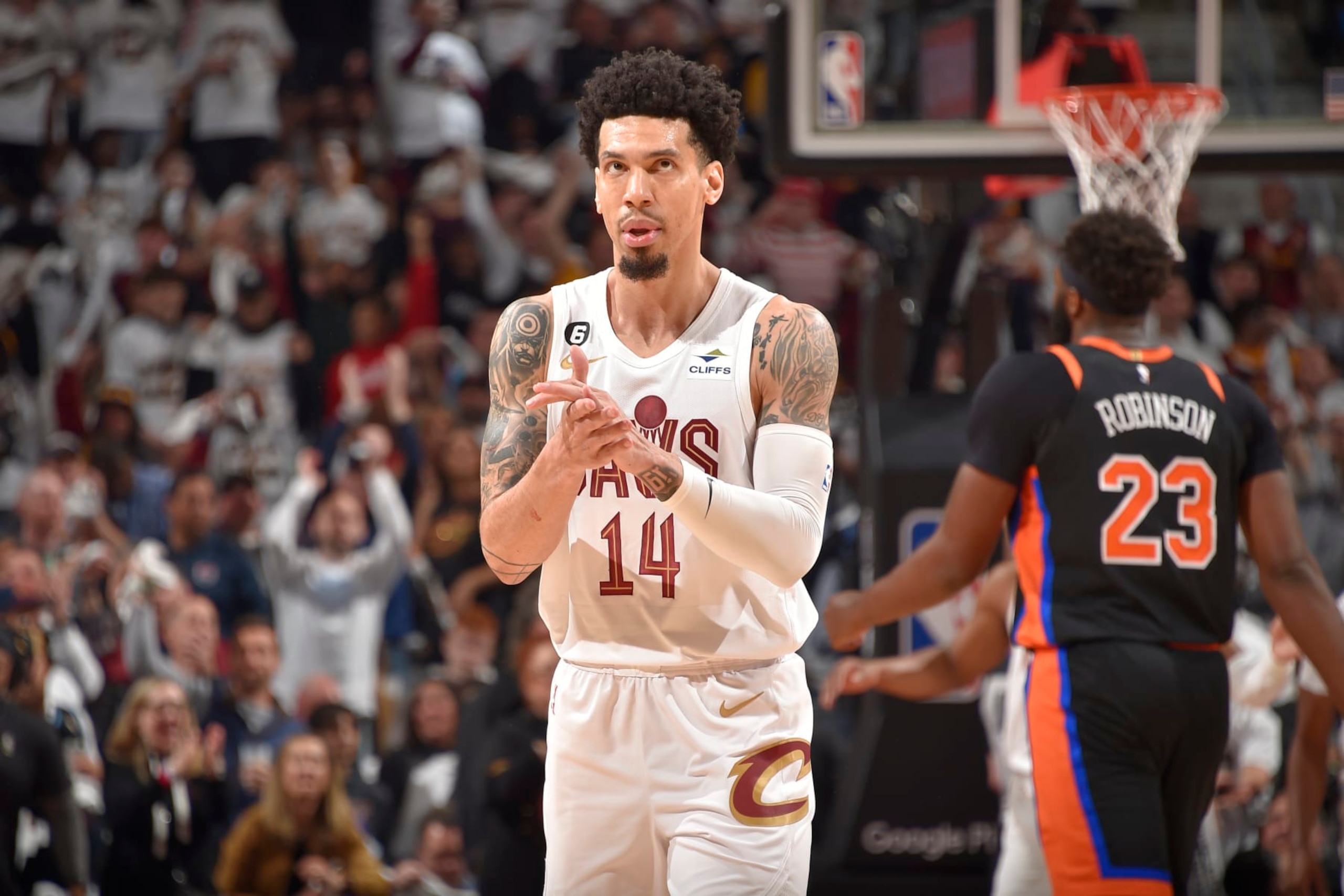 CLEVELAND, OH - APRIL 18: Danny Green #14 of the Cleveland Cavaliers celebrates during Round One Game Two of the 2023 NBA Playoffs against the New York Knicks on April 18, 2023 at Rocket Mortgage FieldHouse in Cleveland, Ohio. NOTE TO USER: User expressly acknowledges and agrees that, by downloading and/or using this Photograph, user is consenting to the terms and conditions of the Getty Images License Agreement. Mandatory Copyright Notice: Copyright 2023 NBAE (Photo by David Liam Kyle/NBAE via Getty Images)