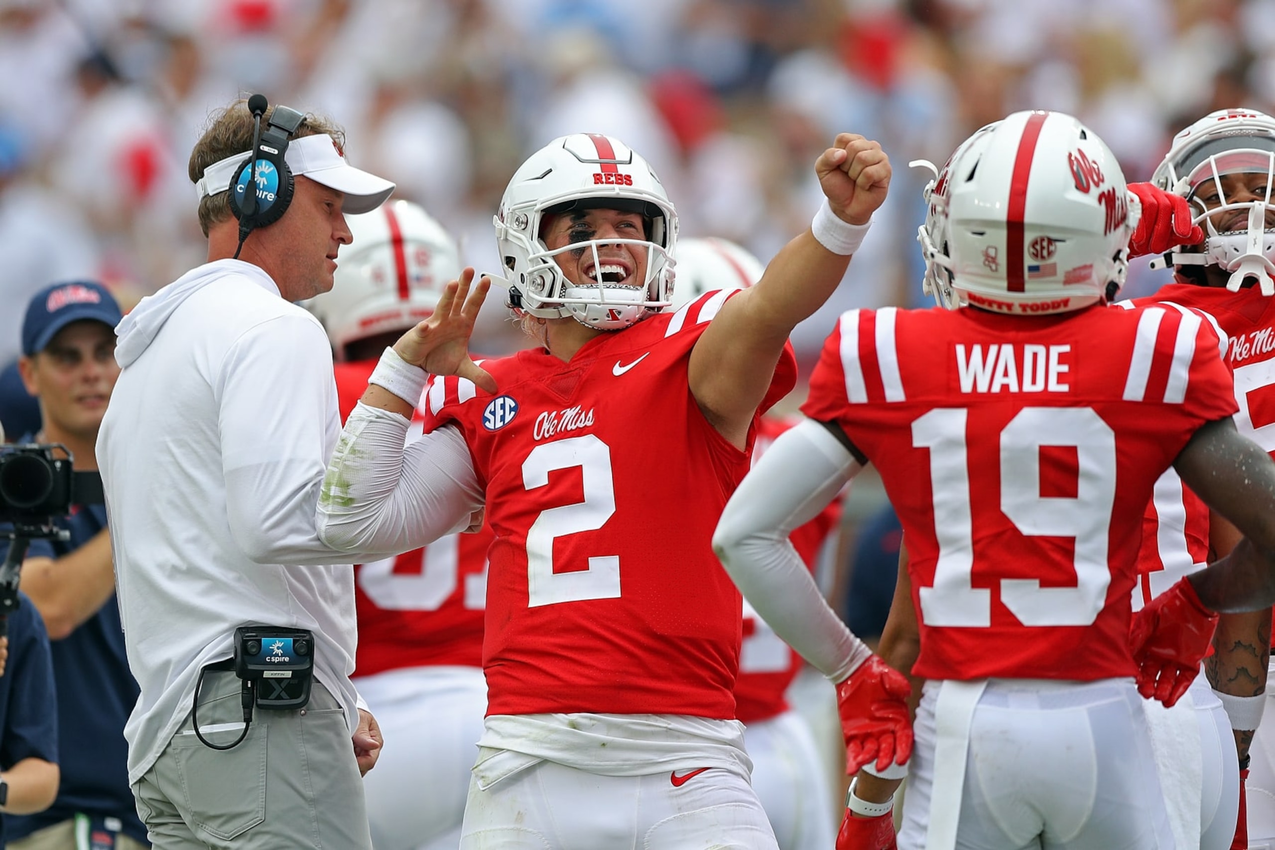 OXFORD, MISSISSIPPI - SEPTEMBER 02: Jaxson Dart #2 of the Mississippi Rebels celebrates during the first half against the Mercer Bears at Vaught-Hemingway Stadium on September 02, 2023 in Oxford, Mississippi. (Photo by Justin Ford/Getty Images)