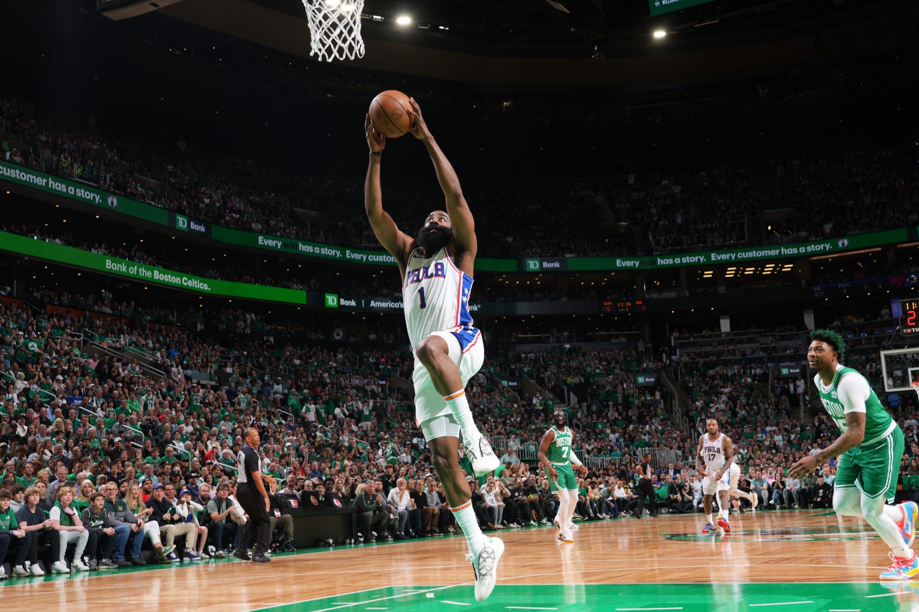 BOSTON, MA - MAY 14: James Harden #1 of the Philadelphia 76ers drives to the basket during Game Seven of the Eastern Conference Semi-Finals of the 2023 NBA Playoffs against the Boston Celtics on May 14, 2023 at the TD Garden in Boston, Massachusetts. NOTE TO USER: User expressly acknowledges and agrees that, by downloading and or using this photograph, User is consenting to the terms and conditions of the Getty Images License Agreement. Mandatory Copyright Notice: Copyright 2023 NBAE  (Photo by Jesse D. Garrabrant/NBAE via Getty Images)