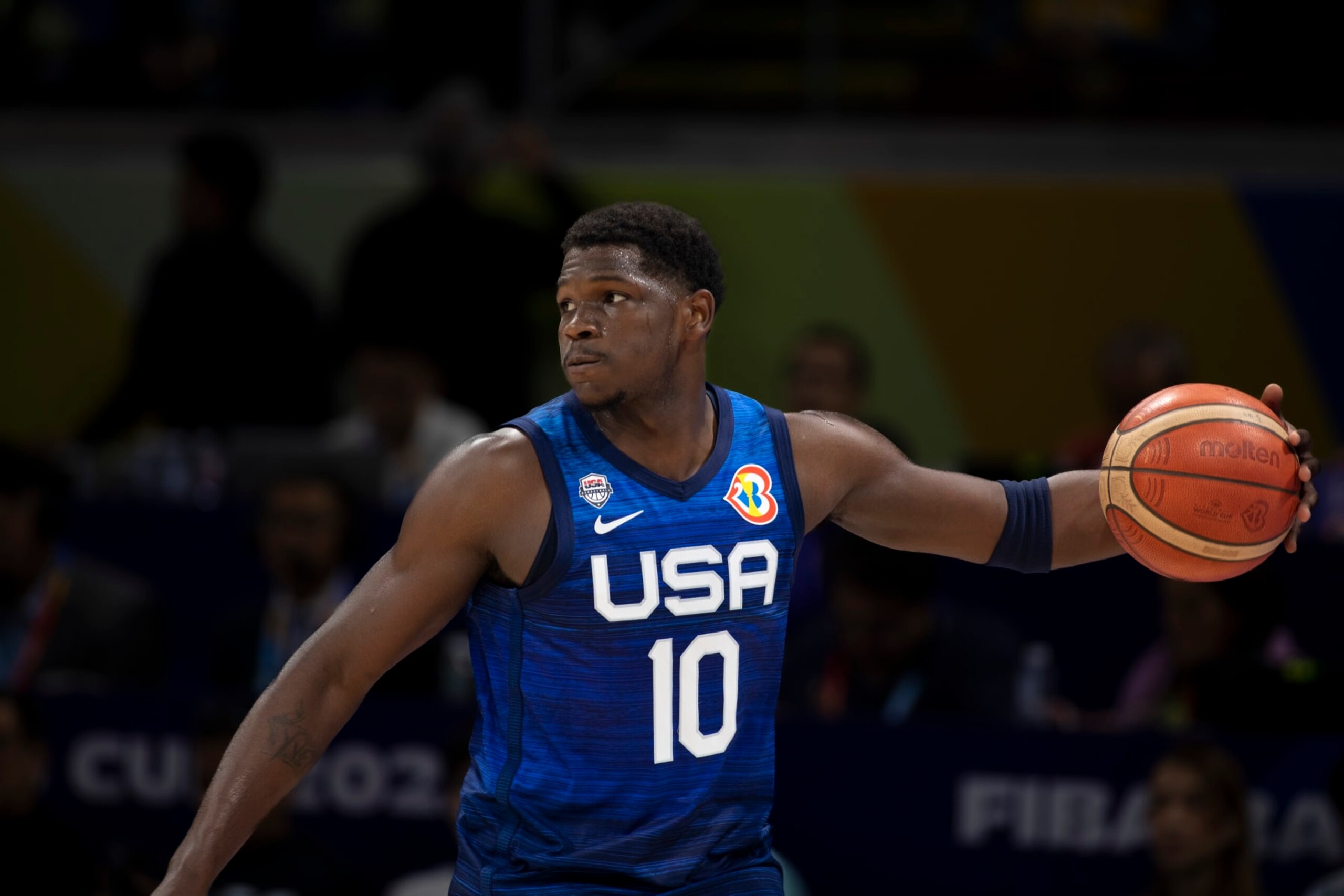 MANILA, PHILIPPINES - SEPTEMBER 5: Anthony Edwards of U.S. looks on during the FIBA Basketball World Cup quarter-final game between Italy and U.S. at Mall of Asia Arena on September 5, 2023 in Manila, Philippines. (Photo by Ariana Saigh/Getty Images)