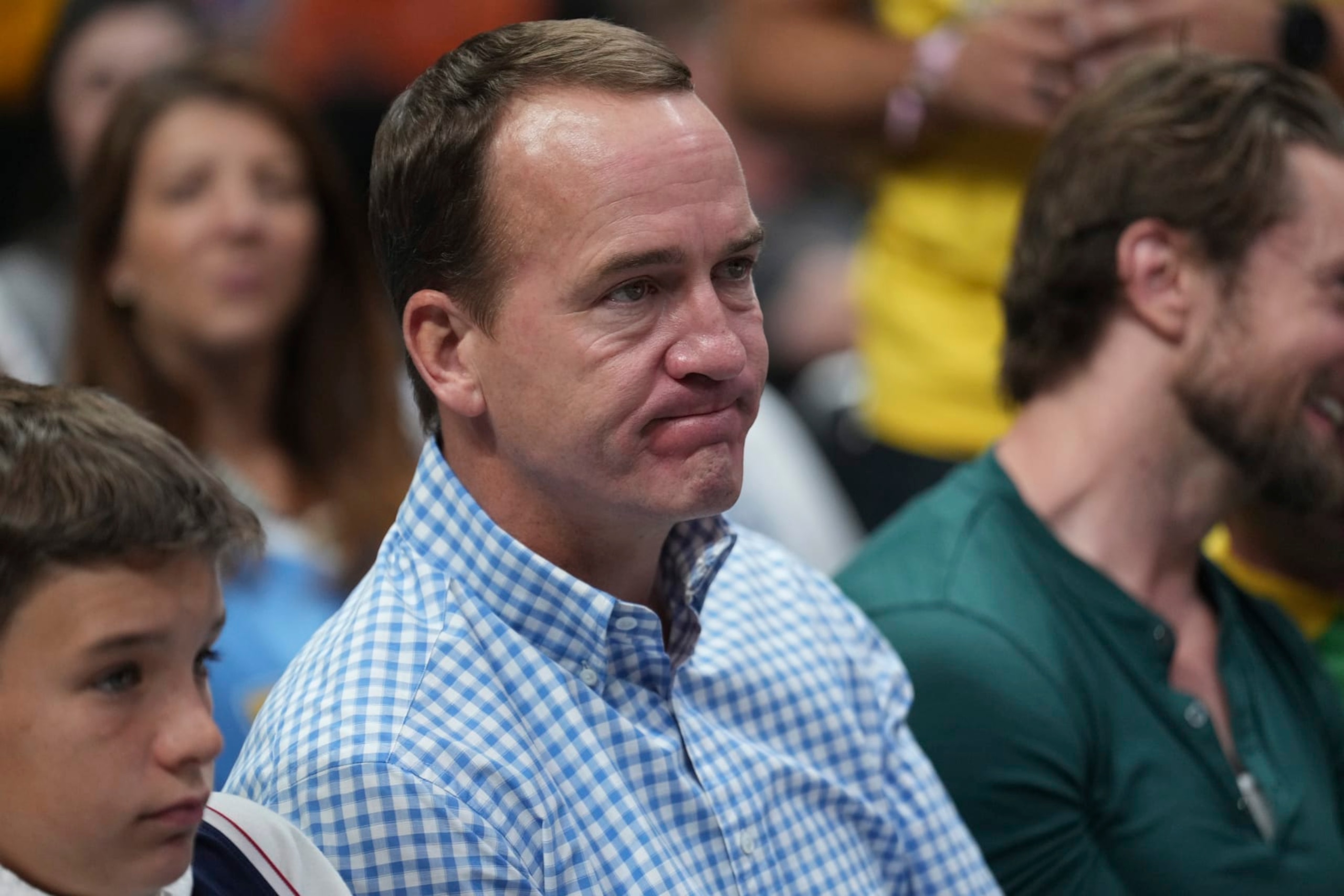NFL Hall of Fame quarterback Peyton Manning watches during the second half of Game 2 of the NBA basketball Western Conference Finals series between the Los Angeles Lakers and the Denver Nuggets, Thursday, May 18, 2023, in Denver. (AP Photo/Jack Dempsey)