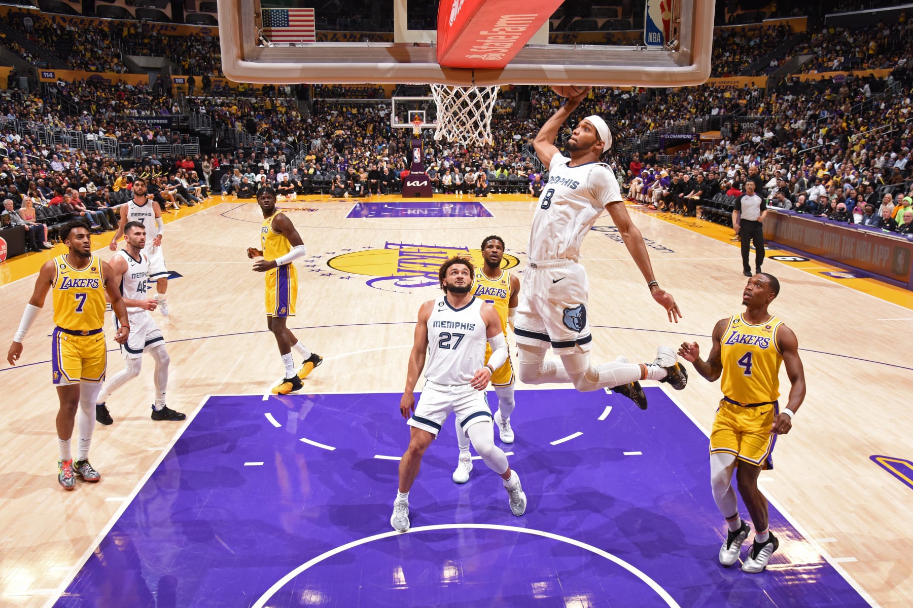 LOS ANGELES, CA - APRIL 28: Ziaire Williams #8 of the Memphis Grizzlies drives to the basket during Round 1 Game 6 of the 2023 NBA Playoffs against the Los Angeles Lakers on April 28, 2023 at Crypto.Com Arena in Los Angeles, California. NOTE TO USER: User expressly acknowledges and agrees that, by downloading and/or using this Photograph, user is consenting to the terms and conditions of the Getty Images License Agreement. Mandatory Copyright Notice: Copyright 2023 NBAE (Photo by Andrew D. Bernstein/NBAE via Getty Images)