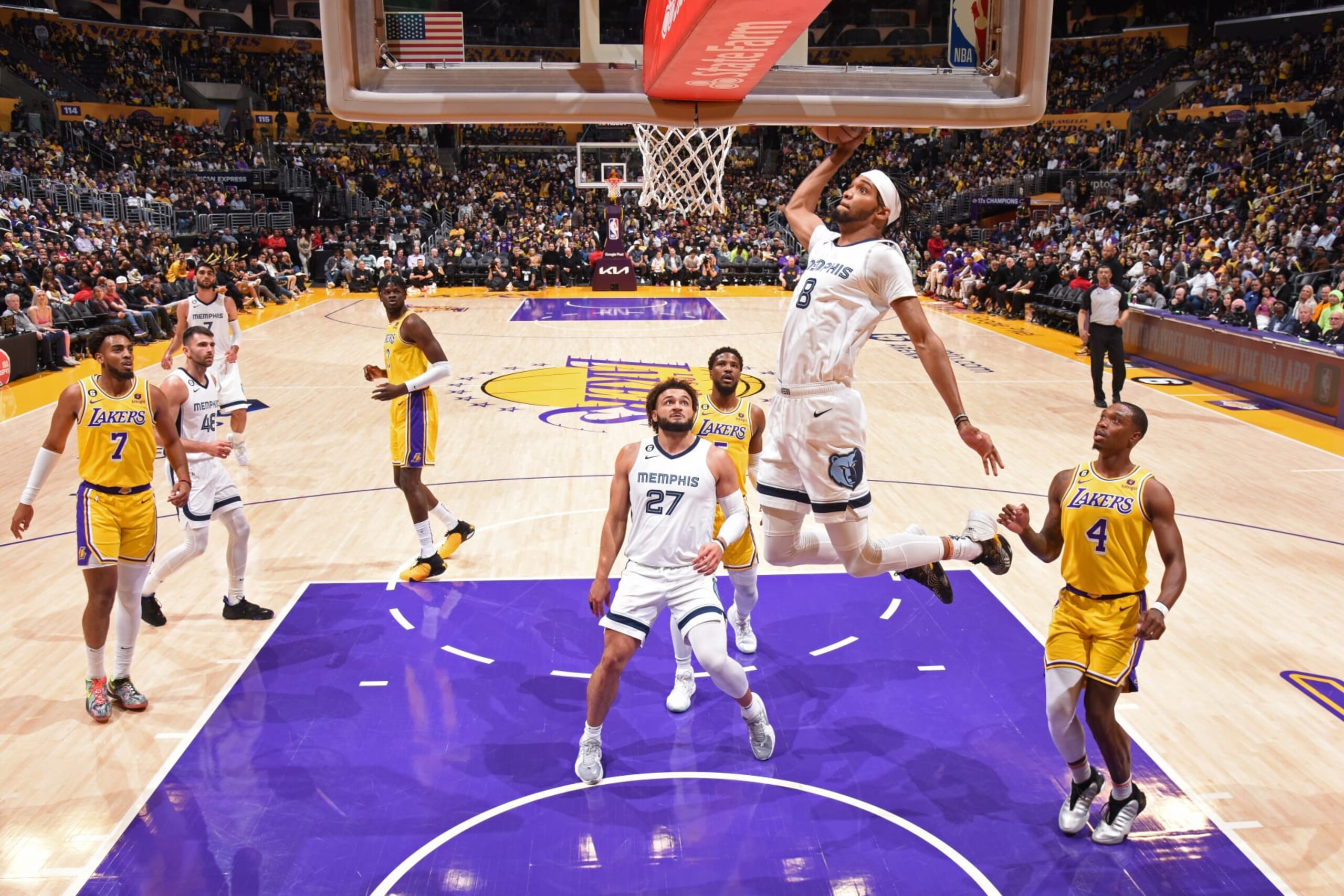 LOS ANGELES, CA - APRIL 28: Ziaire Williams #8 of the Memphis Grizzlies drives to the basket during Round 1 Game 6 of the 2023 NBA Playoffs against the Los Angeles Lakers on April 28, 2023 at Crypto.Com Arena in Los Angeles, California. NOTE TO USER: User expressly acknowledges and agrees that, by downloading and/or using this Photograph, user is consenting to the terms and conditions of the Getty Images License Agreement. Mandatory Copyright Notice: Copyright 2023 NBAE (Photo by Andrew D. Bernstein/NBAE via Getty Images)