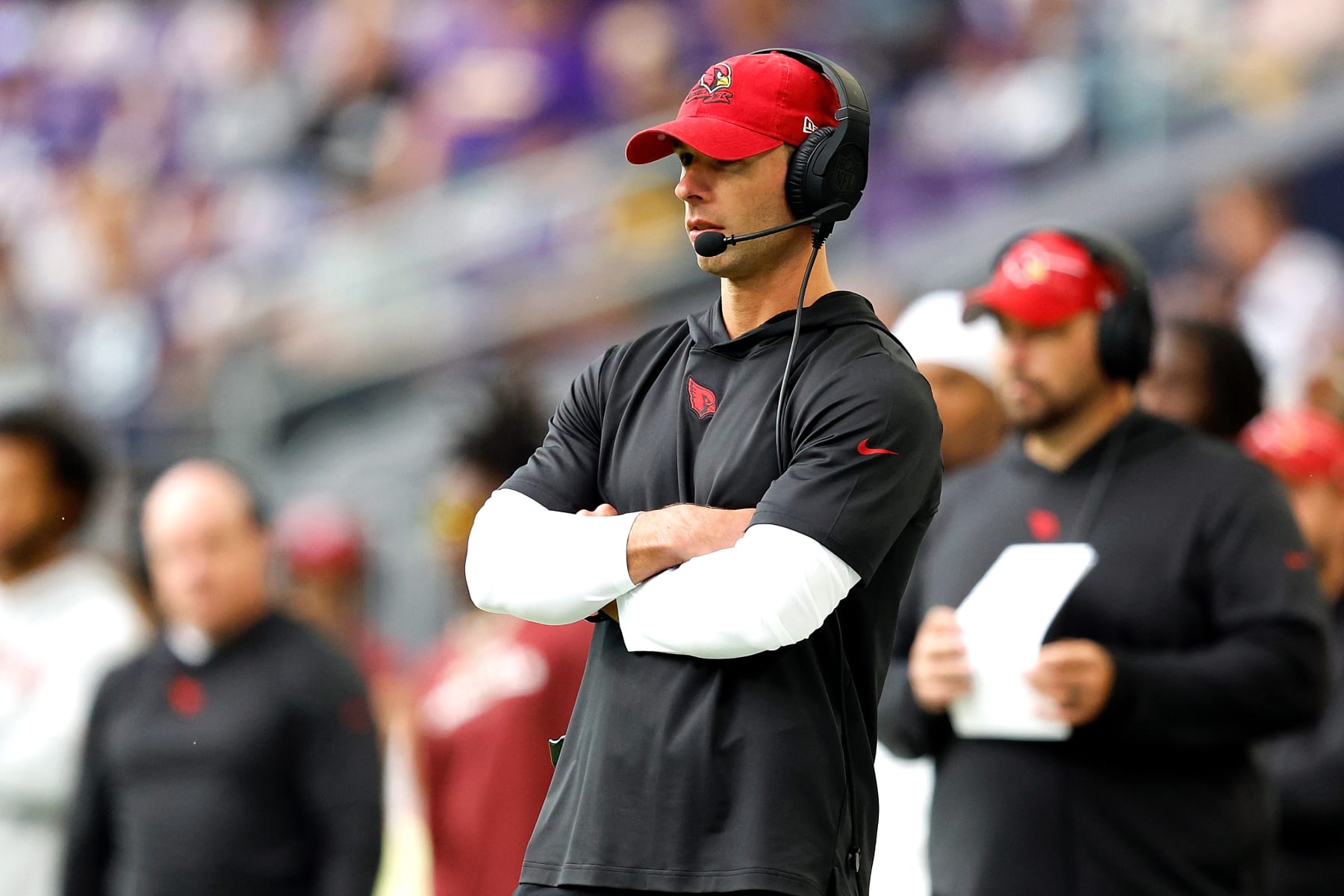 MINNEAPOLIS, MINNESOTA - AUGUST 26: Head coach Jonathan Gannon of the Arizona Cardinals looks on against the Minnesota Vikings in the first half of a preseason game at U.S. Bank Stadium on August 26, 2023 in Minneapolis, Minnesota. (Photo by David Berding/Getty Images)