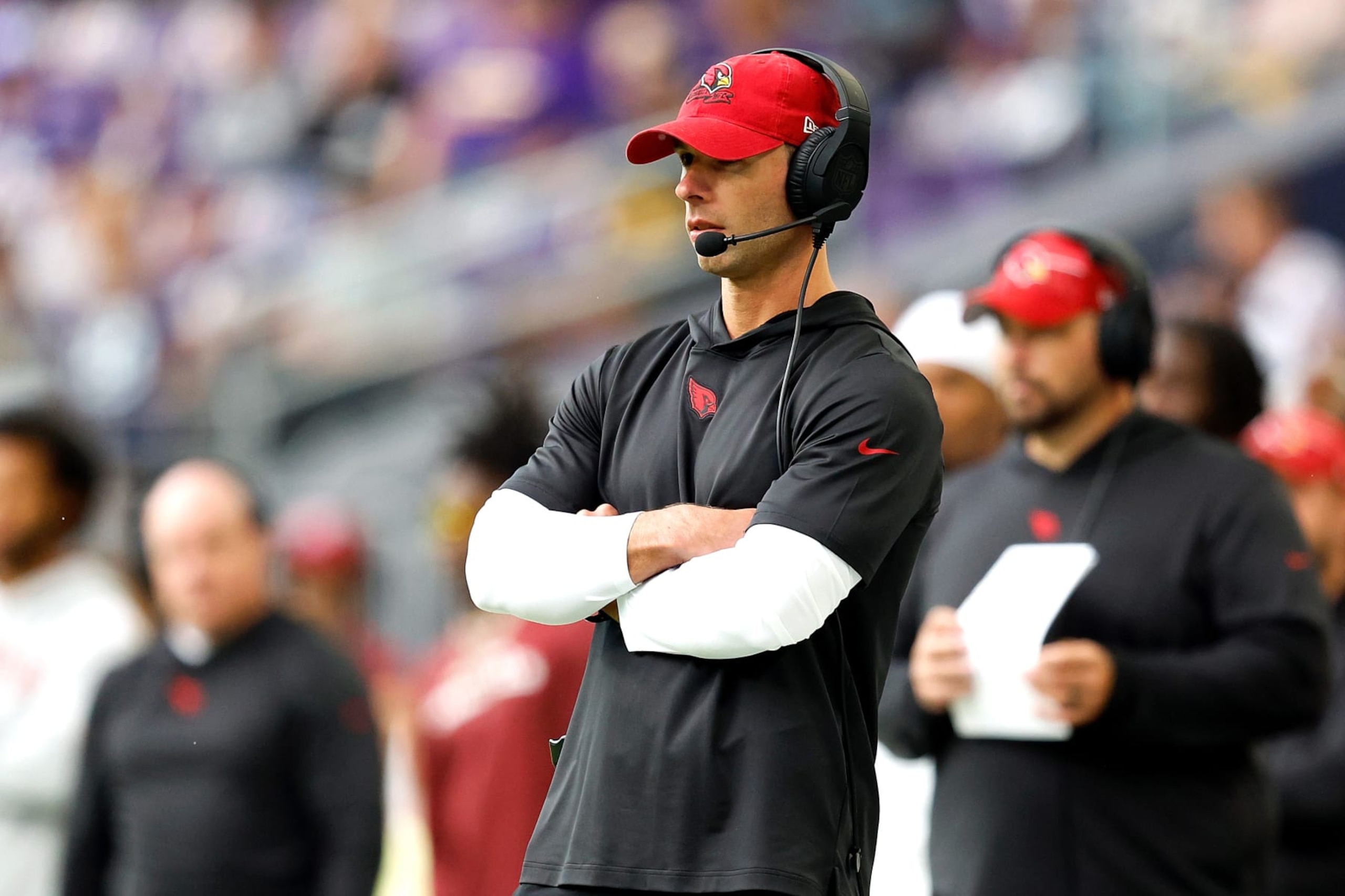 MINNEAPOLIS, MINNESOTA - AUGUST 26: Head coach Jonathan Gannon of the Arizona Cardinals looks on against the Minnesota Vikings in the first half of a preseason game at U.S. Bank Stadium on August 26, 2023 in Minneapolis, Minnesota. (Photo by David Berding/Getty Images)