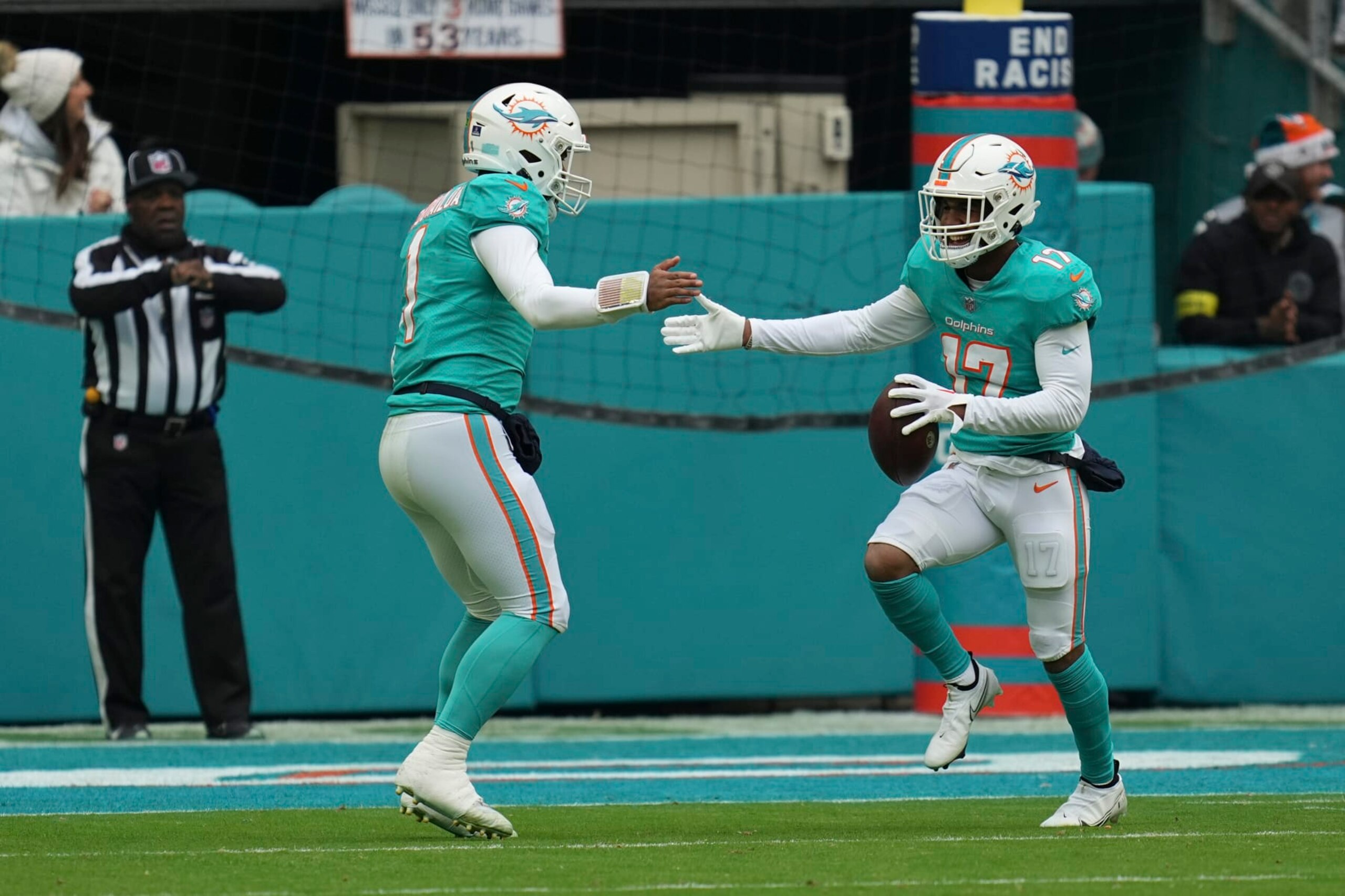 Miami Dolphins quarterback Tua Tagovailoa (left) and wide receiver Jaylen Waddle.