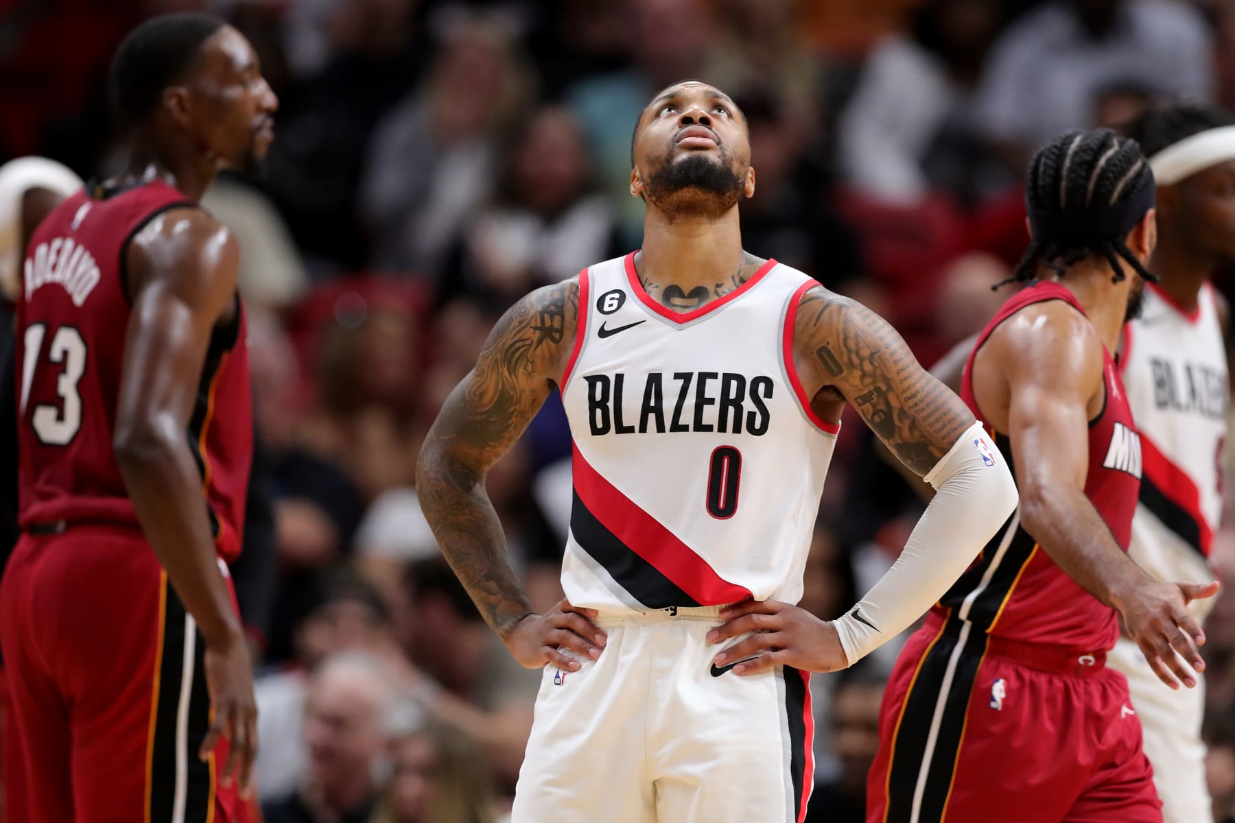 MIAMI, FLORIDA - NOVEMBER 07: Damian Lillard #0 of the Portland Trail Blazers looks on against the Miami Heat during the first quarter at FTX Arena on November 07, 2022 in Miami, Florida. NOTE TO USER: User expressly acknowledges and agrees that, by downloading and or using this photograph, User is consenting to the terms and conditions of the Getty Images License Agreement. (Photo by Megan Briggs/Getty Images)