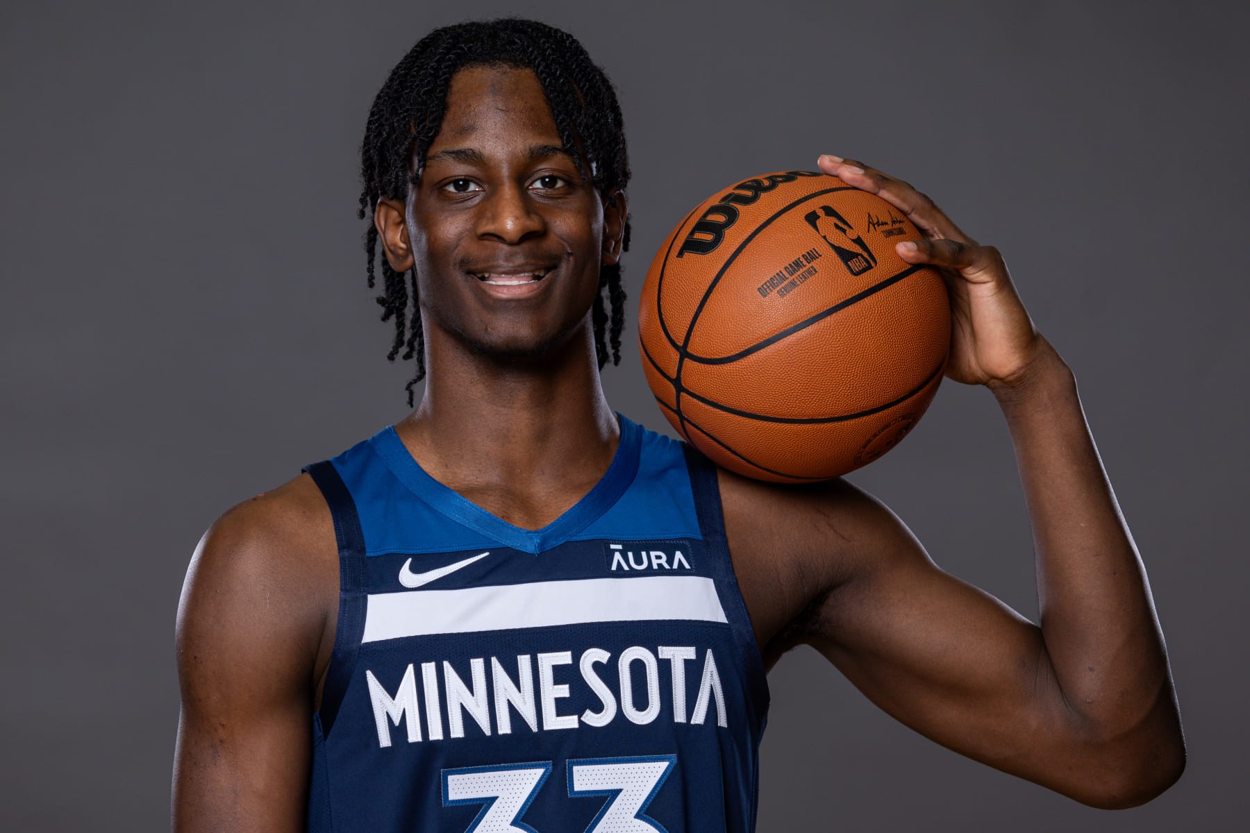 LAS VEGAS, NEVADA - JULY 14: Leonard Miller #33 of the Minnesota TImberwolves poses for a portrait during the 2023 NBA rookie photo shoot at UNLV on July 14, 2023 in Las Vegas, Nevada. (Photo by Jamie Squire/Getty Images)
