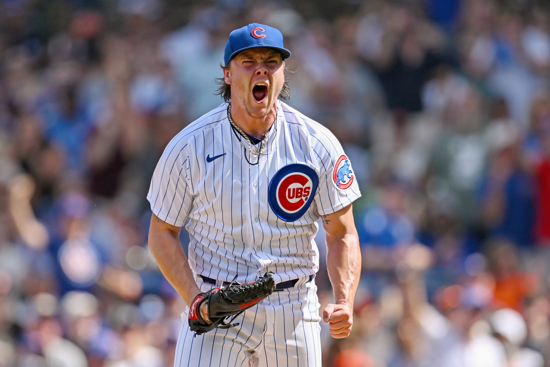CHICAGO, ILLINOIS - SEPTEMBER 04: Justin Steele #35 of the Chicago Cubs reacts after striking out a batter to end the top of the seventh against the San Francisco Giants at Wrigley Field on September 04, 2023 in Chicago, Illinois. (Photo by Quinn Harris/Getty Images)
