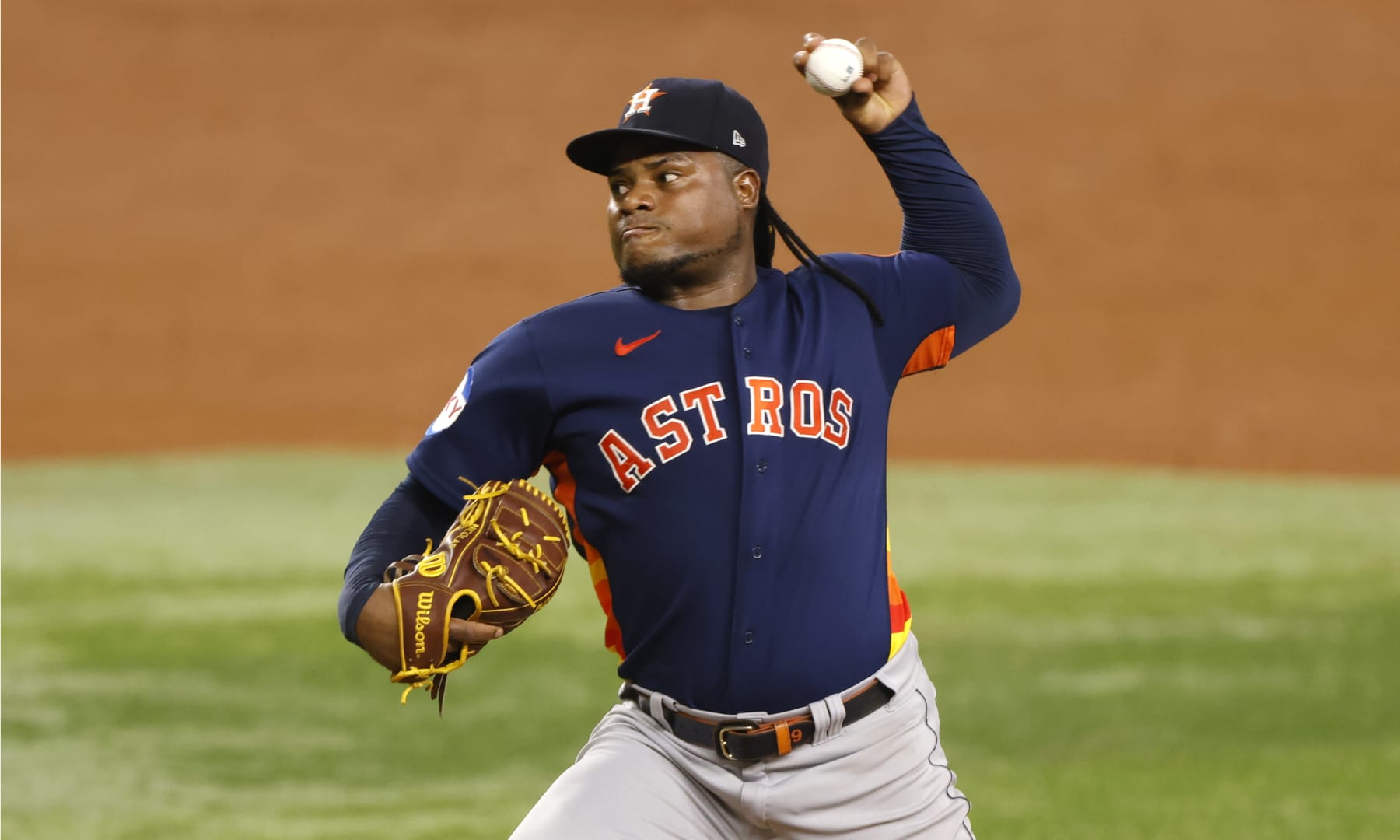 ARLINGTON, TX - SEPTEMBER 5: Framber Valdez #59 of the Houston Astros pitches against the Texas Rangers during the sixth inning at Globe Life Field on September 5, 2023 in Arlington, Texas. (Photo by Ron Jenkins/Getty Images)