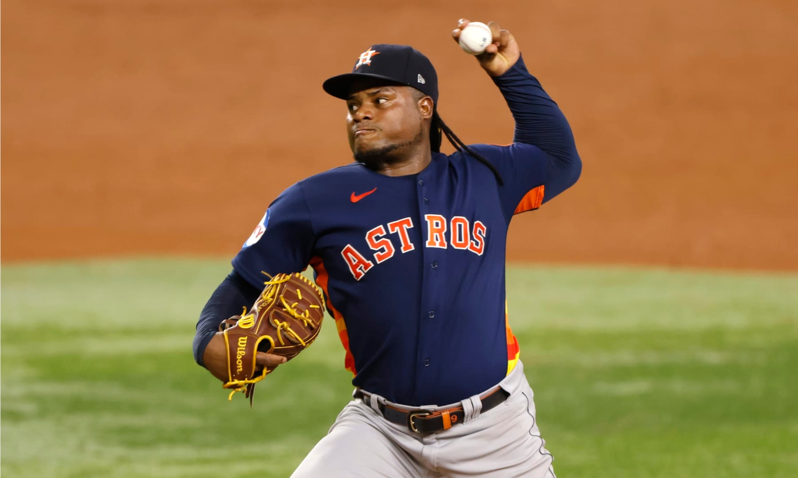 ARLINGTON, TX - SEPTEMBER 5: Framber Valdez #59 of the Houston Astros pitches against the Texas Rangers during the sixth inning at Globe Life Field on September 5, 2023 in Arlington, Texas. (Photo by Ron Jenkins/Getty Images)