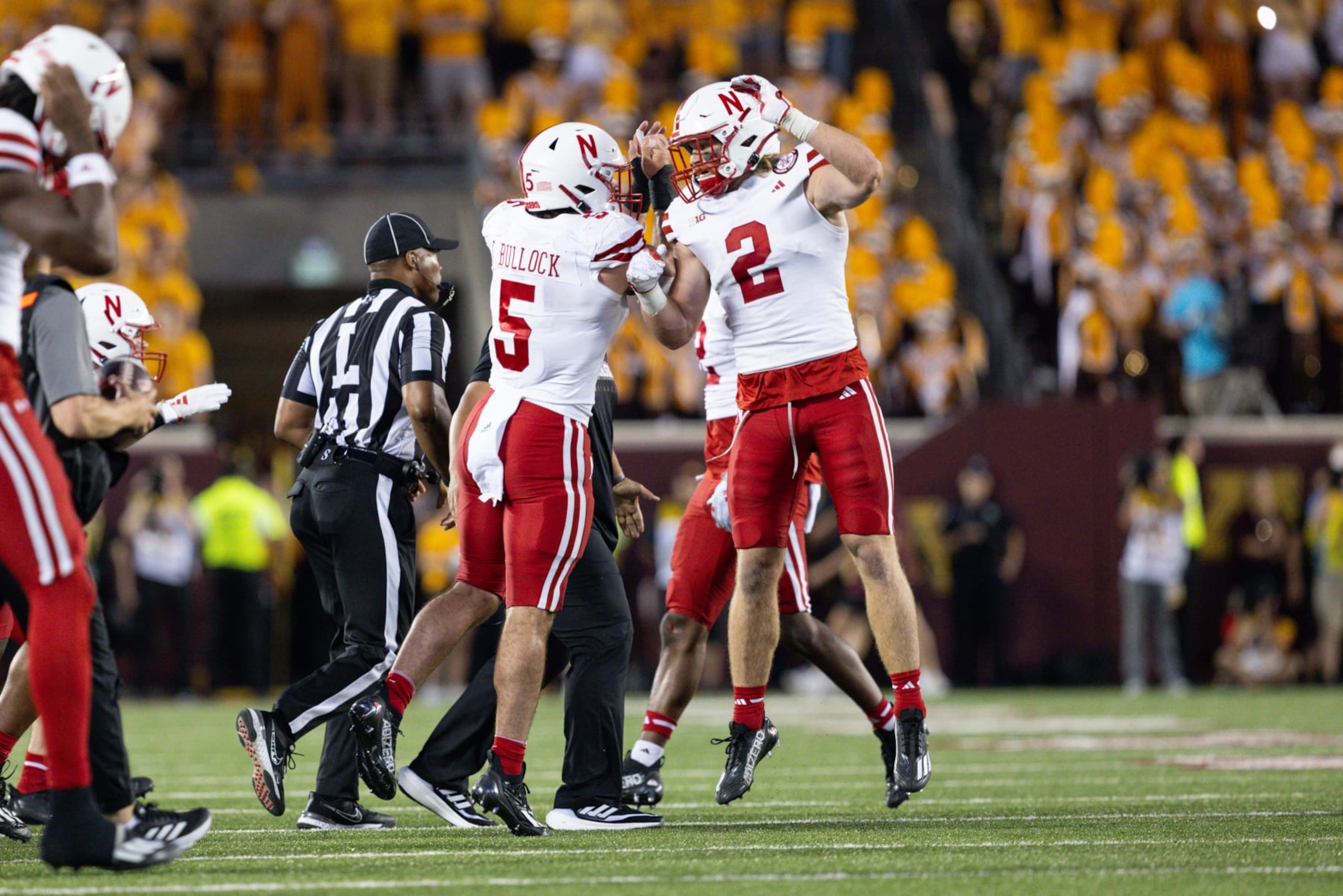 MINNEAPOLIS, MN - AUGUST 31: Nebraska Cornhuskers defensive back Isaac Gifford (2) and linebacker John Bullock (5) celebrate a Minnesota Golden Gophers missed field goal in the second quarter of the college football game between the Nebraska Cornhuskers and Minnesota Golden Gophers on August 31, 2023, at Huntington Bank Stadium in Minneapolis, MN. (Photo by Bailey Hillesheim/Icon Sportswire via Getty Images) MINNEAPOLIS, MN - AUGUST 31: Nebraska Cornhuskers defensive back Isaac Gifford (2) and linebacker John Bullock (5) celebrate a Minnesota Golden Gophers missed field goal in the second quarter of the college football game between the Nebraska Cornhuskers and Minnesota Golden Gophers on August 31, 2023, at Huntington Bank Stadium in Minneapolis, MN. (Photo by Bailey Hillesheim/Icon Sportswire via Getty Images)