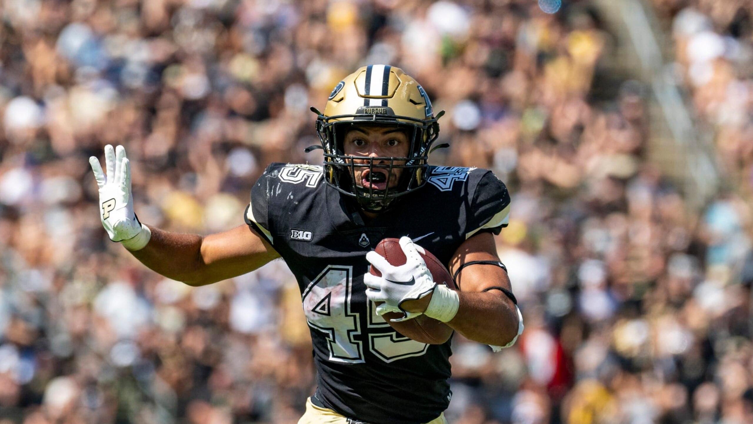 Purdue running back Devin Mockobee (45) during an NCAA football game on Saturday, Sept. 2, 2023, in West Lafayette, Ind. (AP Photo/Doug McSchooler) Purdue running back Devin Mockobee (45) during an NCAA football game on Saturday, Sept. 2, 2023, in West Lafayette, Ind. (AP Photo/Doug McSchooler)