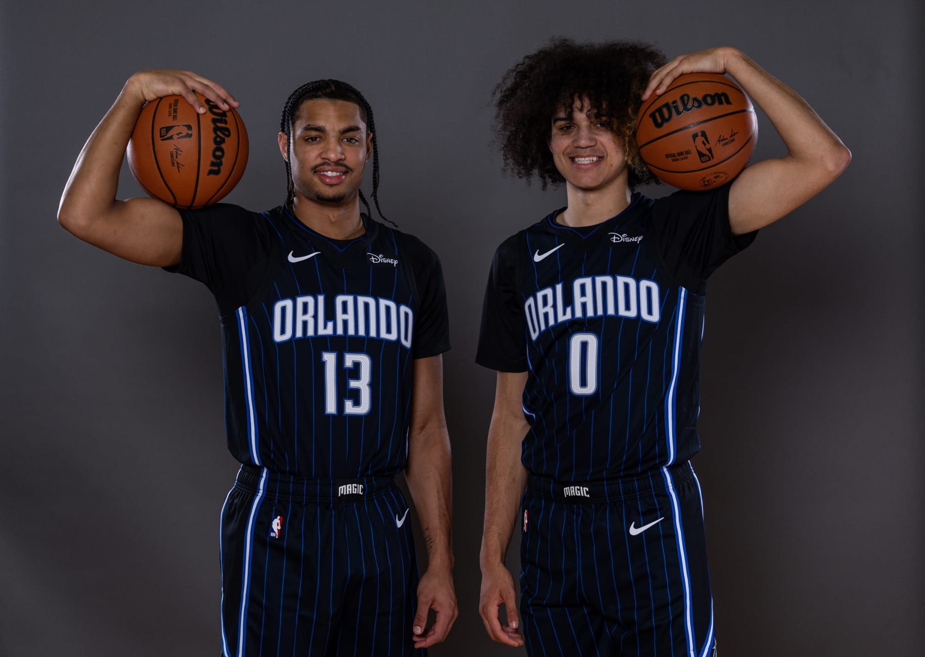 LAS VEGAS, NEVADA - JULY 14: Jett Howard #13 and Anthony Black #0 of the Orlando Magic pose for a portrait during the 2023 NBA rookie photo shoot at UNLV on July 14, 2023 in Las Vegas, Nevada. (Photo by Jamie Squire/Getty Images)