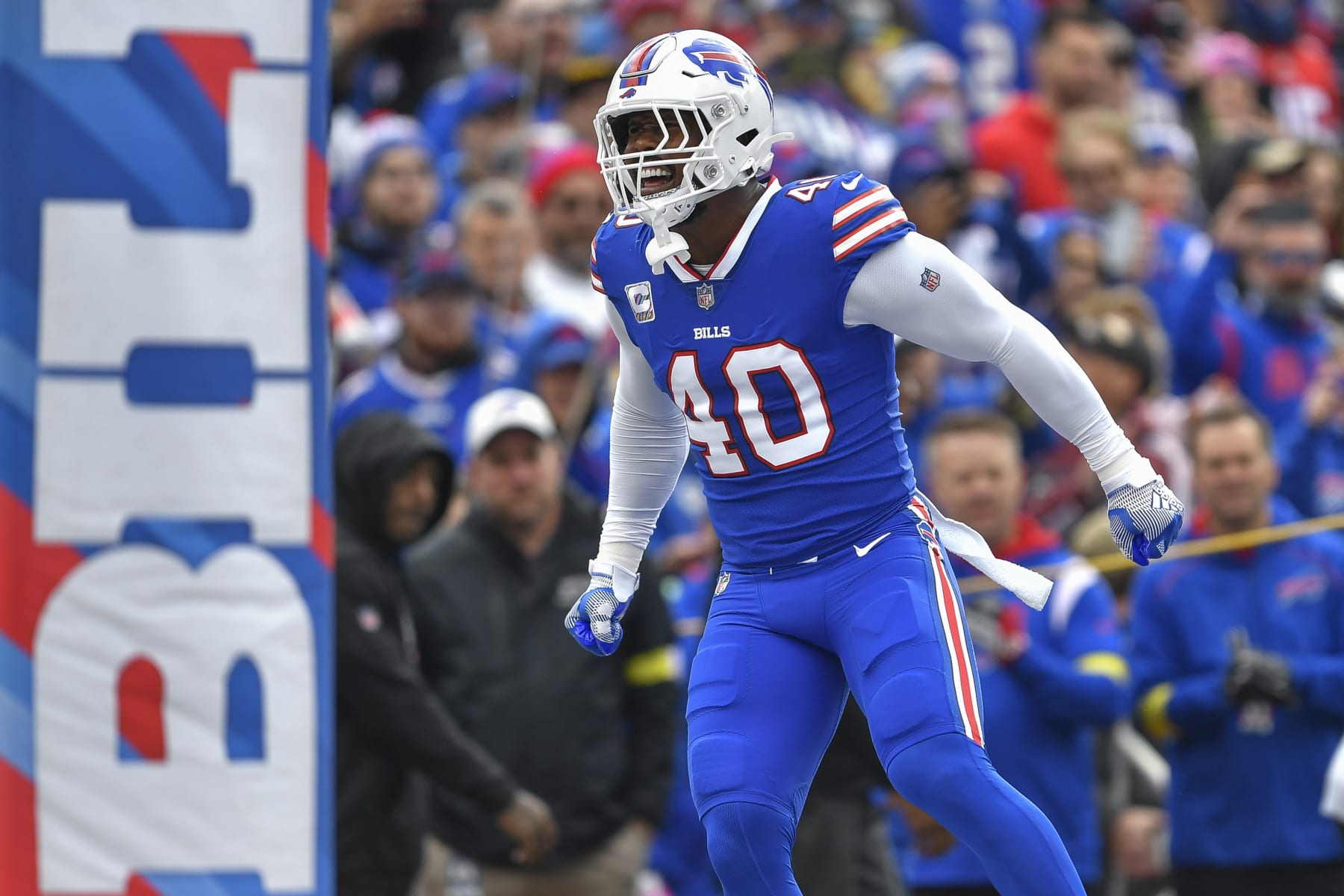 Buffalo Bills linebacker Von Miller runs on the field for player introductions before an NFL football game in against the Pittsburgh Steelers Orchard Park, N.Y., Sunday, Oct. 9, 2022. (AP Photo/Adrian Kraus)