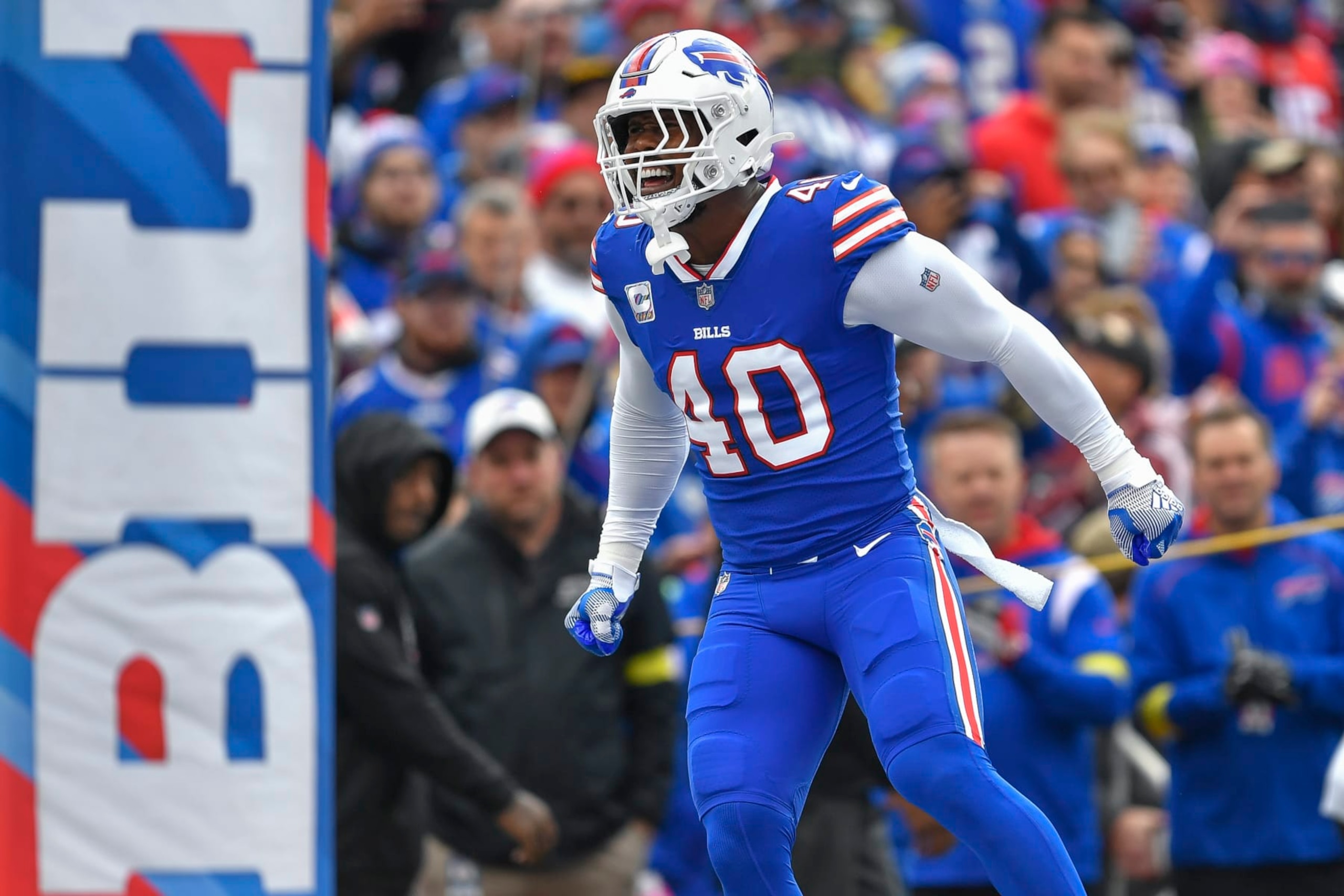 Buffalo Bills linebacker Von Miller runs on the field for player introductions before an NFL football game in against the Pittsburgh Steelers Orchard Park, N.Y., Sunday, Oct. 9, 2022. (AP Photo/Adrian Kraus)