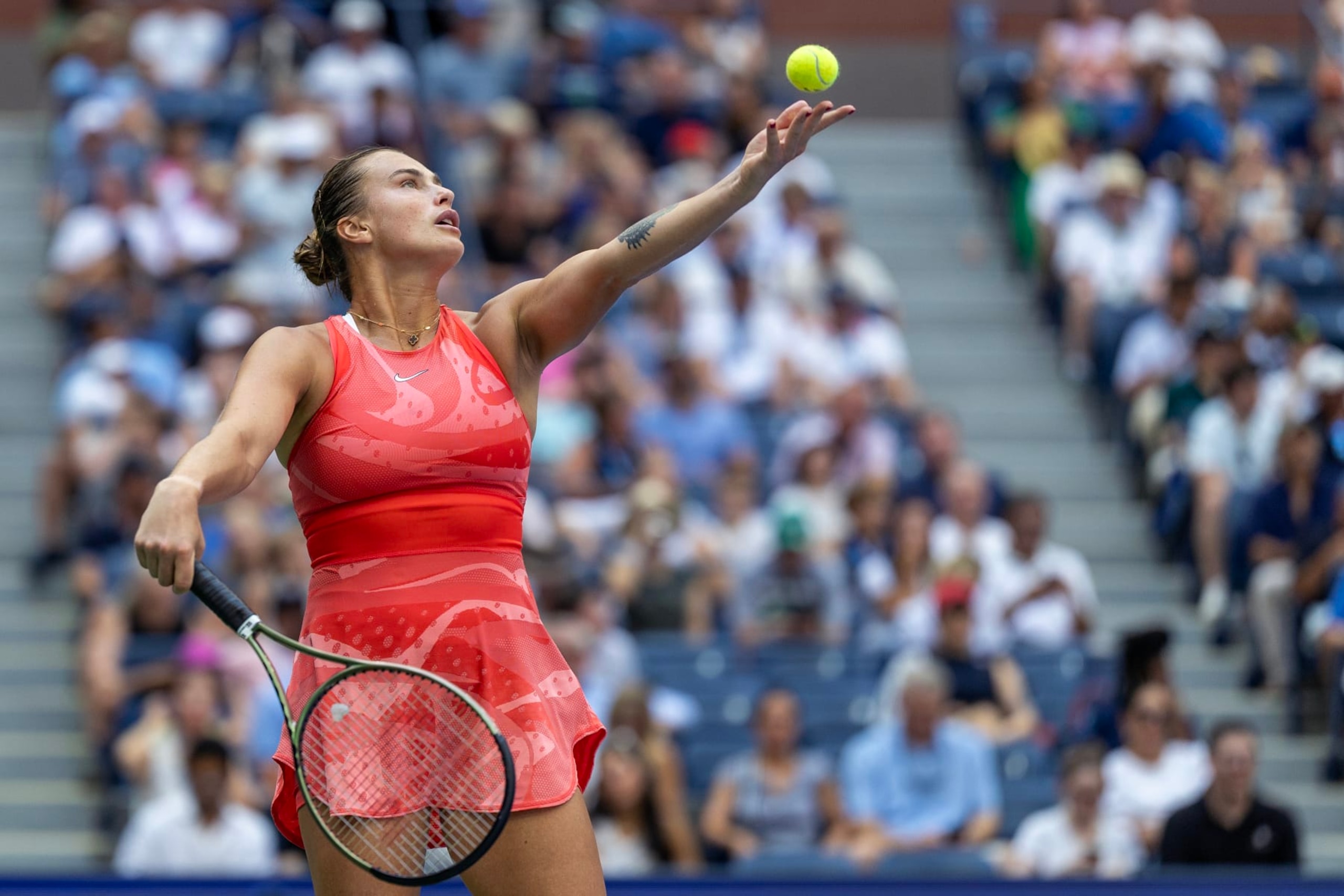 NEW YORK, USA: September 6: Aryna Sabalenka of Belarus serves against Qinwen Zheng of China in the Women's Singles Quarter-Finals match on Arthur Ashe Stadium during the US Open Tennis Championship 2023 at the USTA National Tennis Centre on September 6th, 2023 in Flushing, Queens, New York City. (Photo by Tim Clayton/Corbis via Getty Images) NEW YORK, USA: September 6: Aryna Sabalenka of Belarus serves against Qinwen Zheng of China in the Women's Singles Quarter-Finals match on Arthur Ashe Stadium during the US Open Tennis Championship 2023 at the USTA National Tennis Centre on September 6th, 2023 in Flushing, Queens, New York City. (Photo by Tim Clayton/Corbis via Getty Images)