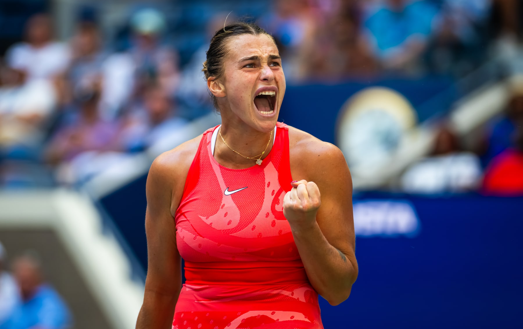 NEW YORK, NEW YORK - SEPTEMBER 06: Aryna Sabalenka reacts against Qinwen Zheng of China in the quarter-final on Day 10 of the US Open at USTA Billie Jean King National Tennis Center on September 06, 2023 in New York City (Photo by Robert Prange/Getty Images)